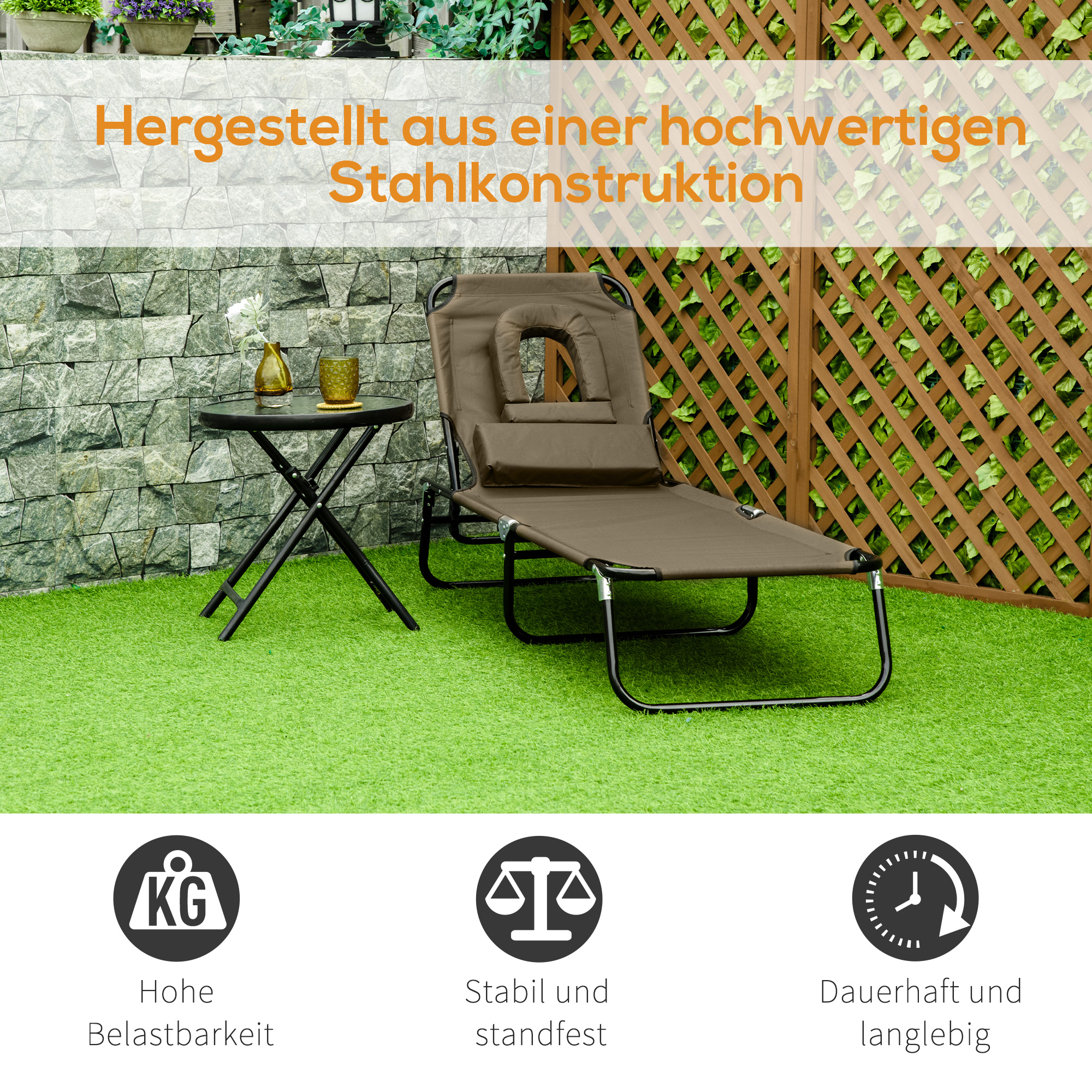 Sonnenliege klappbar Gartenliege mit Kopfkissen Liegestuhl mit 4-Fach verstellbare Rückenlehne Campingliege Gesichtsöffnung bis 120kg belastbar für Garten, Balkon und Pool Braun