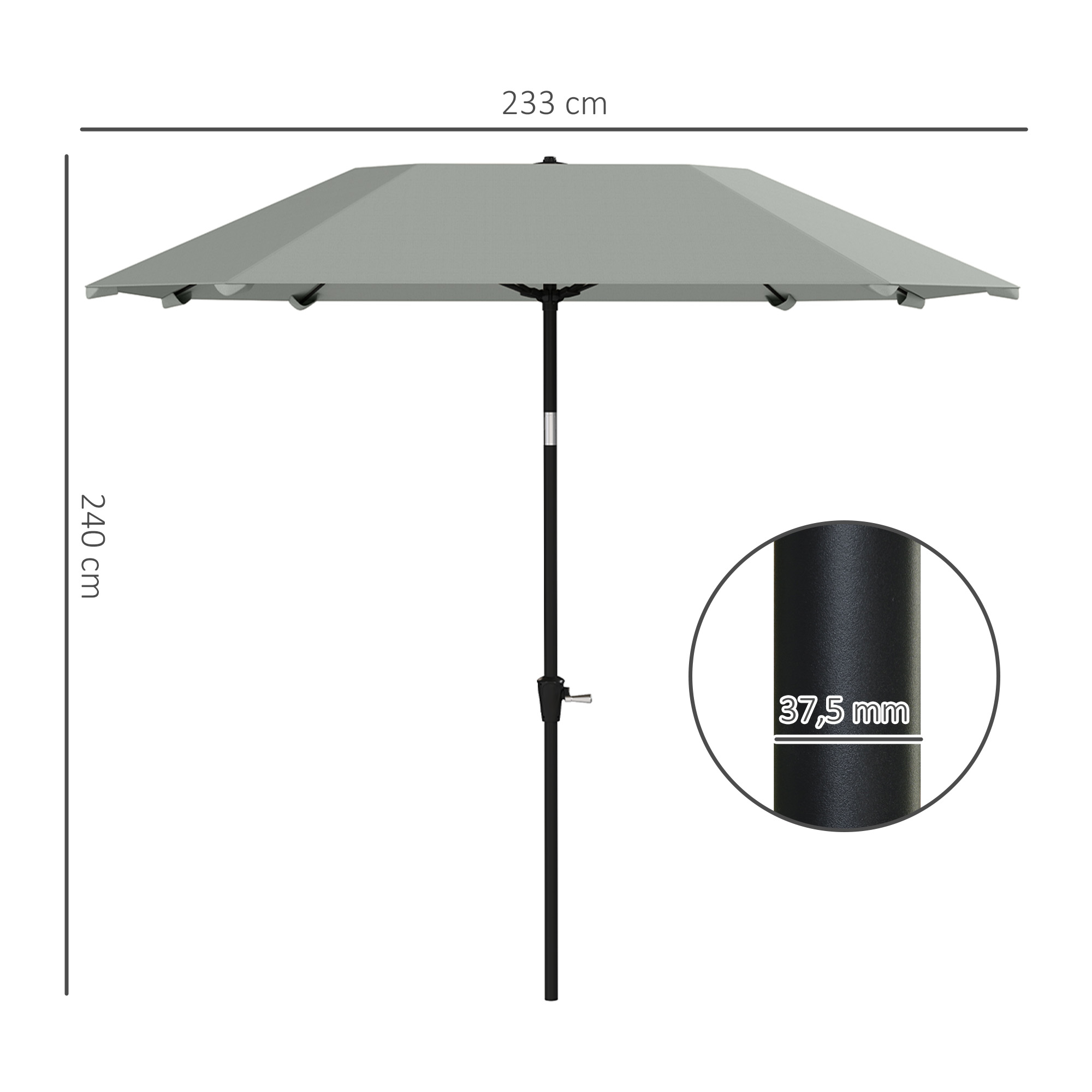 2,3 m Sonnenschirm ohne Basis, Verstellbarer Terrassenschirm mit Kurbel, Polyester, Aluminium, Fiberglas, Dunkelgrau