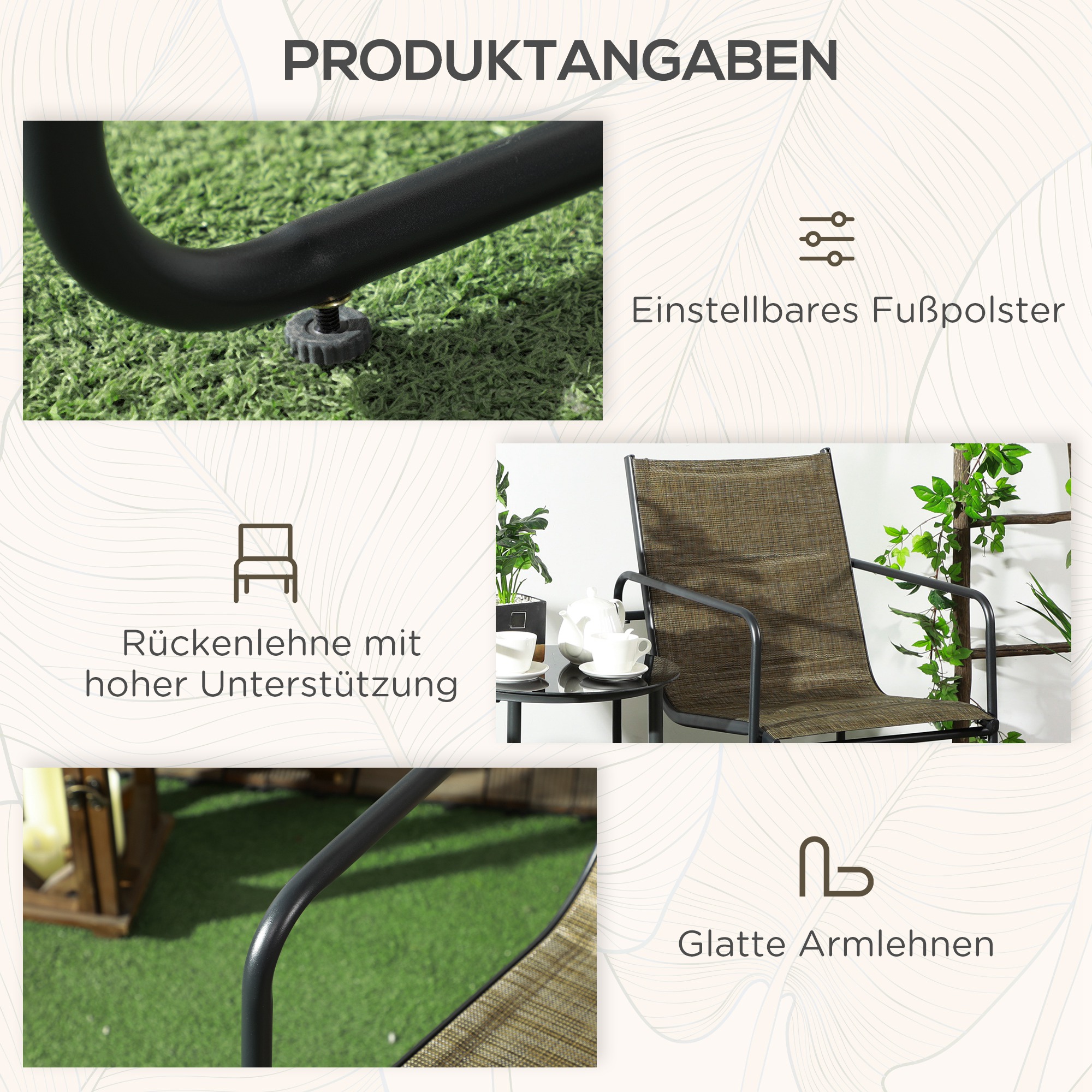 Gartenstuhl, 2er-Set, atmungsaktiver Bezug, robuster Metallrahmen, 54x66,5x88cm, Schwarz/Braun