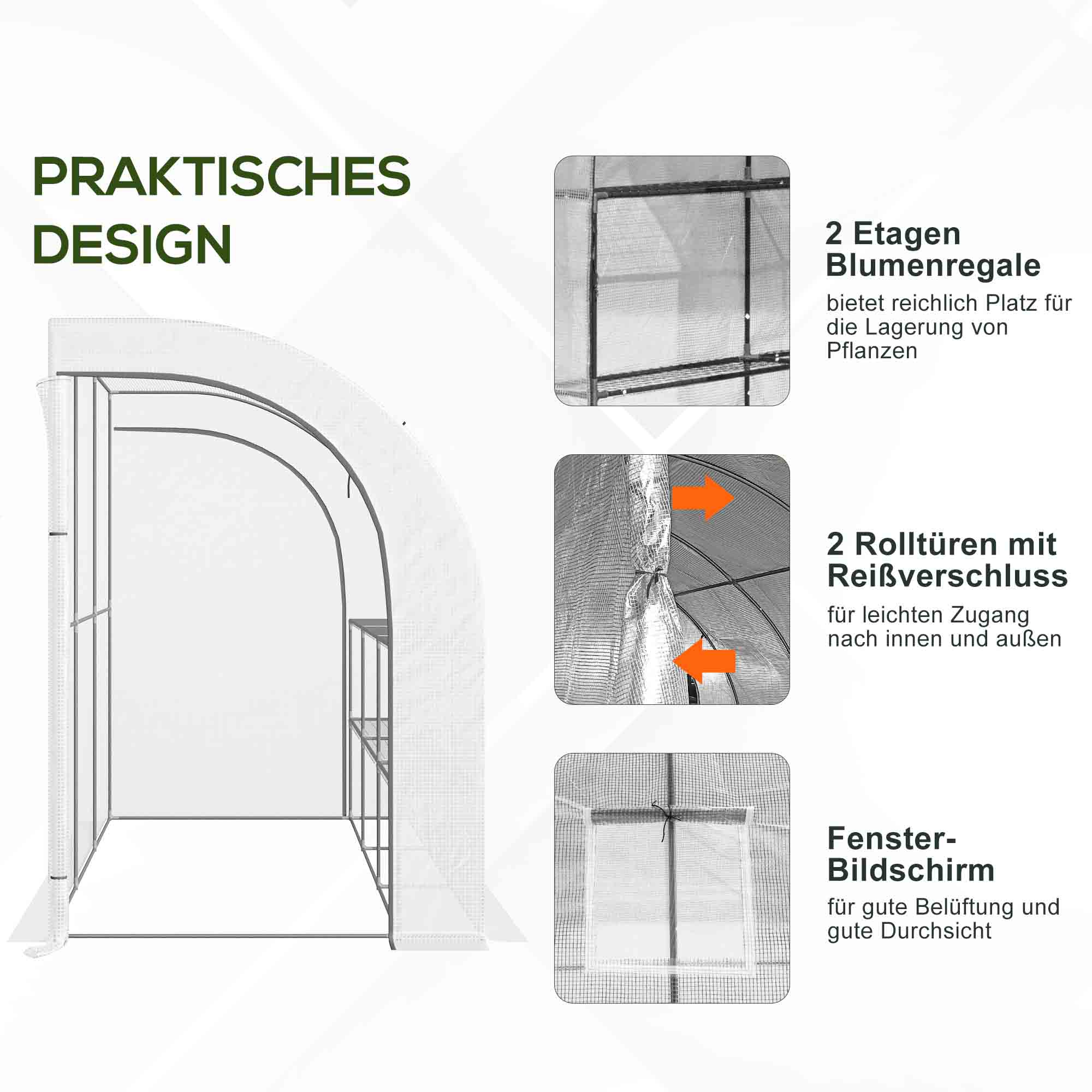 Gewächshaus, Gartengewächshaus mit Kunststoff-Abdeckung, UV-beständig, 3 Etagen, Reißverschlusstüren, Weiß