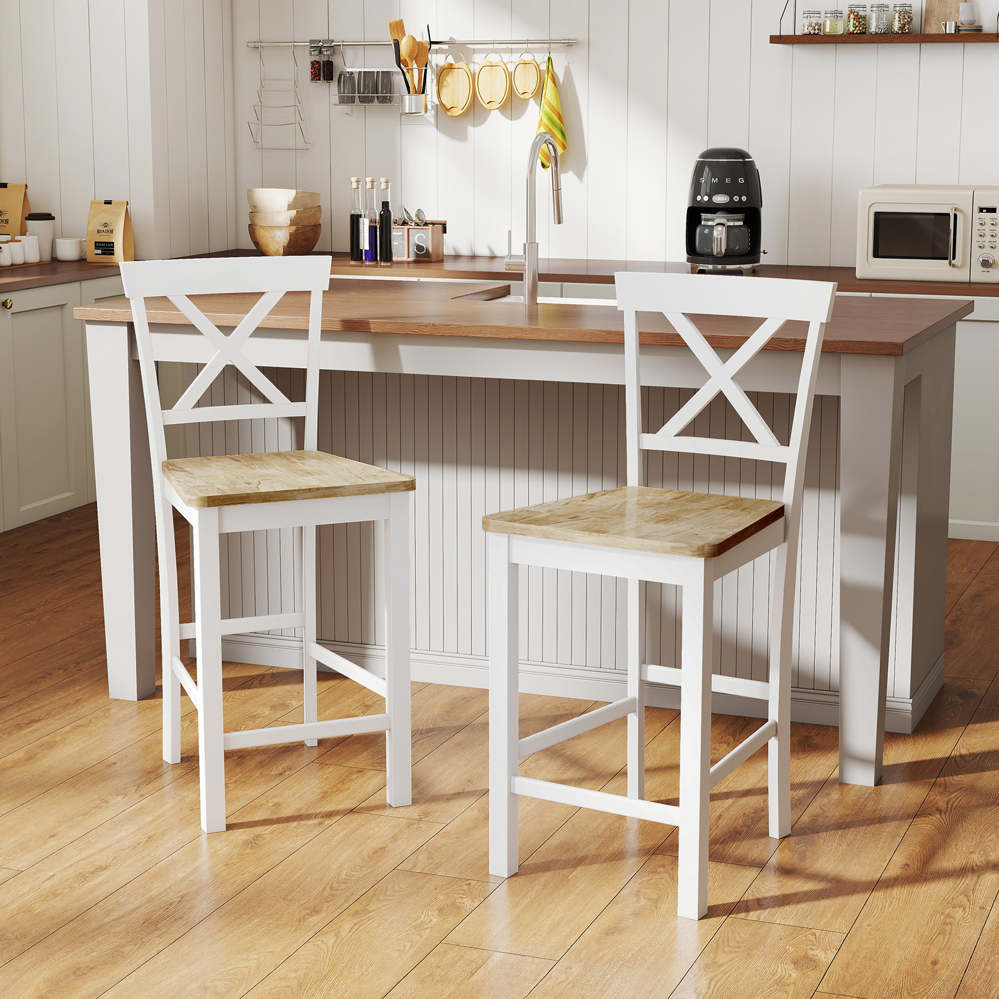 2er-Set Barstühle mit Rückenlehne und Fußstütze, Kautschukholz, für Küche, Esszimmer, Bar, Eiche+Weiß