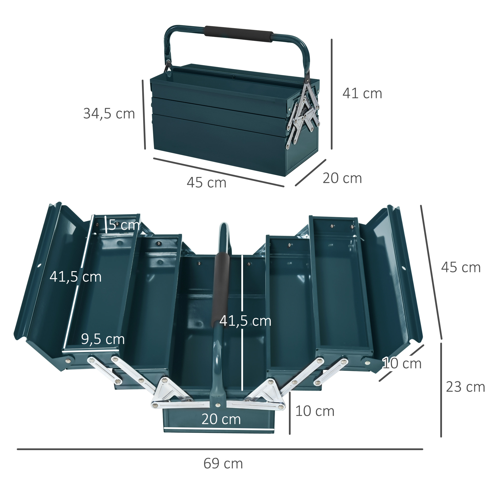 Werkzeugkasten Werkzeugkoffer Montage Werkzeugkiste leer platzsparend mit 5 Fächer aufklappbar stabil Stahl (SPCC) Dunkelgrün 45 x 20 x 34,5 cm