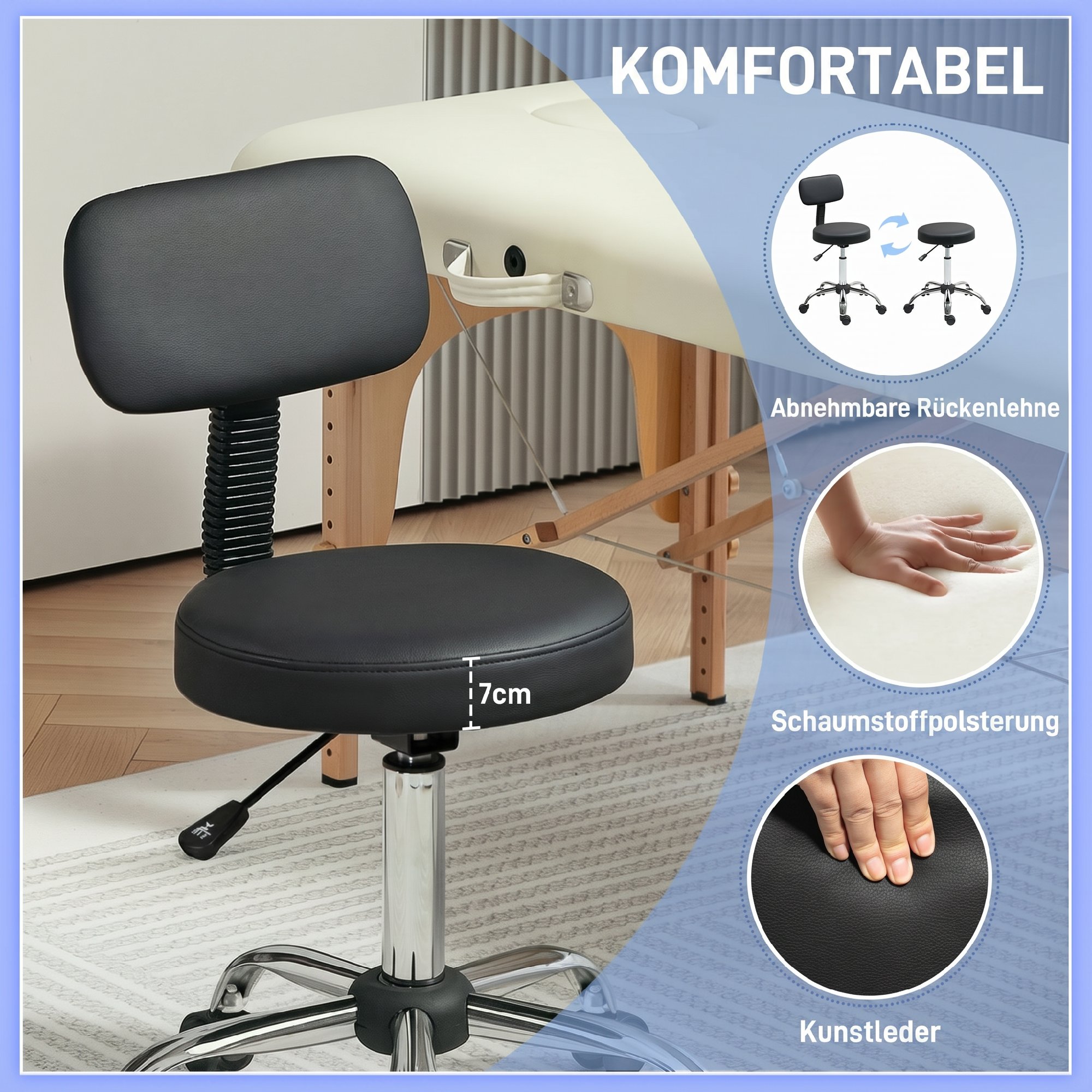 Rollhocker Höhenverstellbarer Drehhocker mit Lehne, Drehbarer Arbeitshocker Kunstleder Schwarz 46 x 51 x 78-93 cm