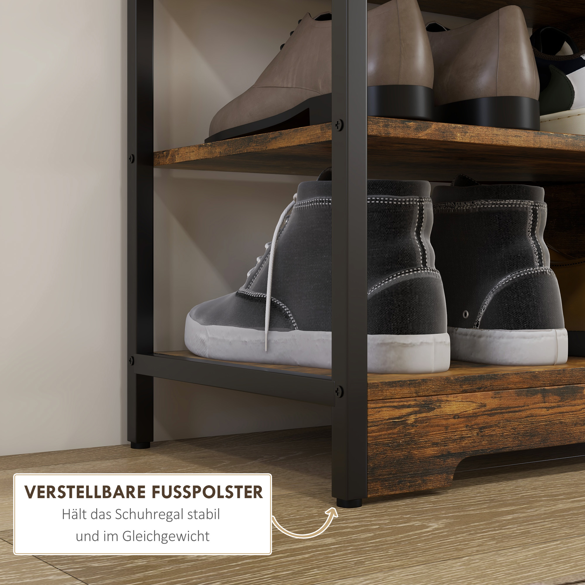 Schuhregal 4-stufig, offenes Design, Metallrahmen, verstellbare Füße, 70x30x65 cm, Braun/Schwarz