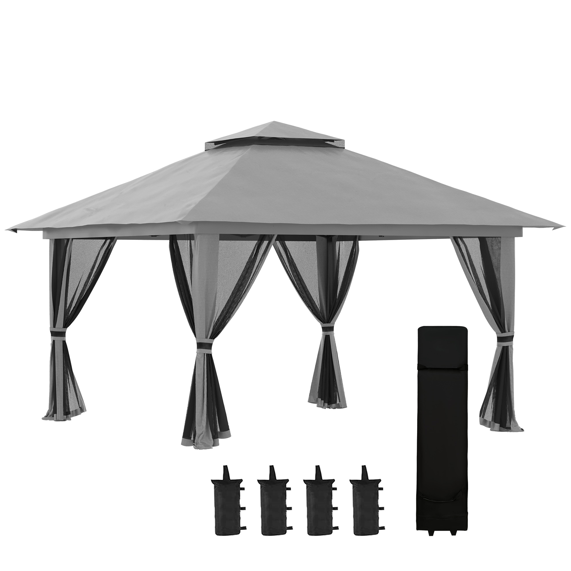 Faltpavillon, höhenverstellbar, 4 Netzwände, Lüftungsdach, Tragetasche, Schnellaufbau, dunkelgrau, 4 x 4 x 3 m
