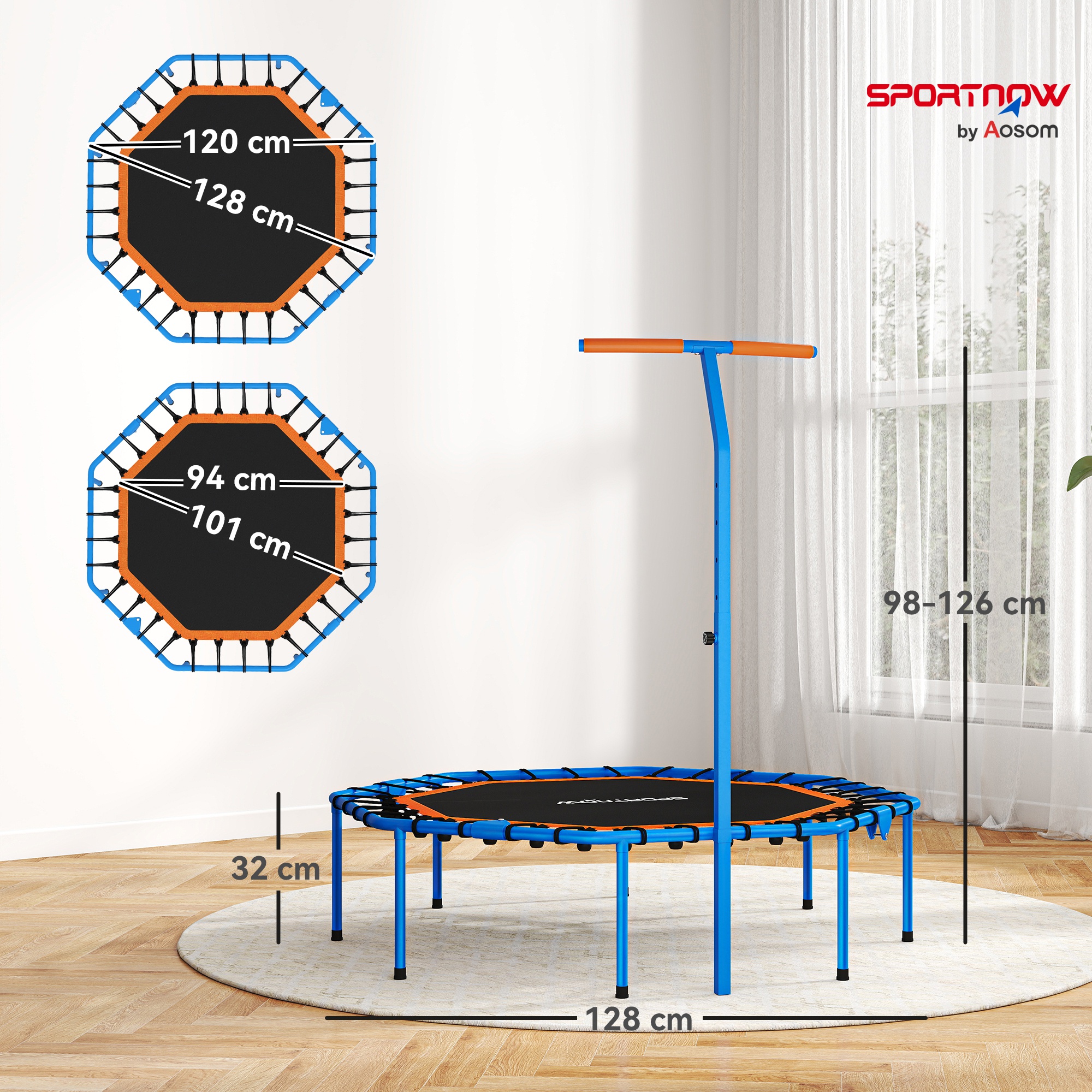 Fitness-Trampolin, Trainingstrampolin mit verstellbarem Haltegriff, stabil und leise, für drinnenf, Stahl, Blau