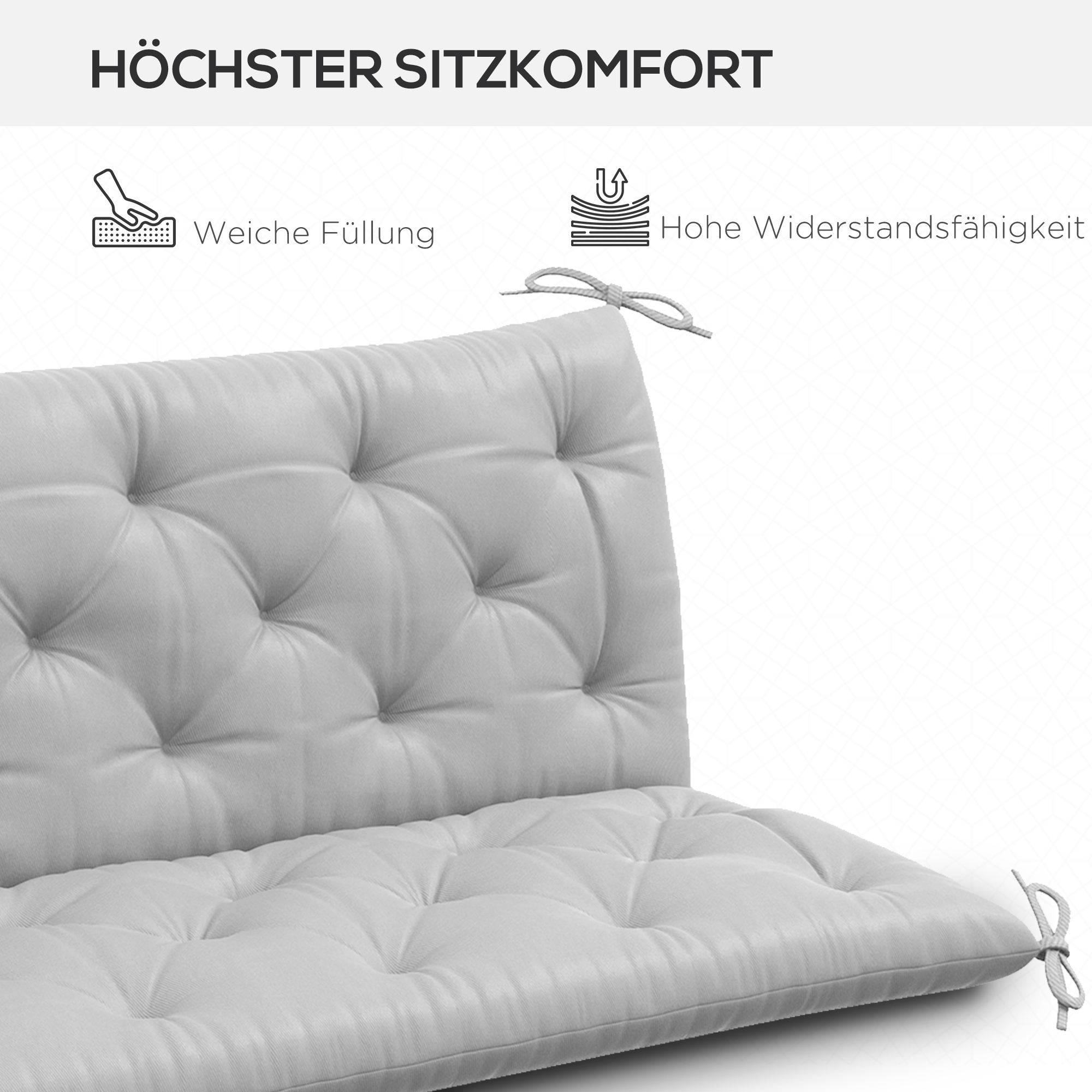 3 Sitzer Bankauflage 150x98x8 cm Bankkissen mit Bändern, Bankpolster für Gartenmöbel Hollywoodschaukel, Hellgrau