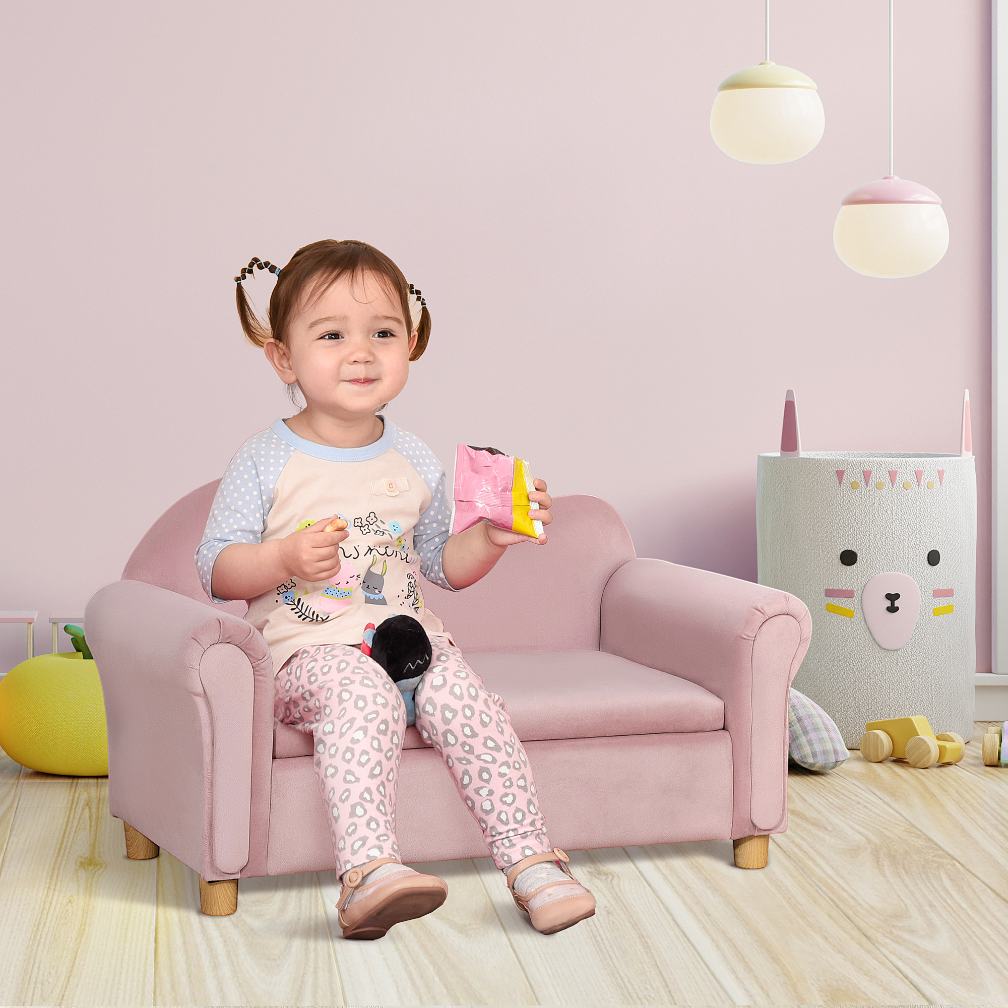 Kindersofa, Zweisitzer für Kinder 3-5 Jahre, Stauraum, Naturholzrahmen, 84 x 41,5 x 48,5cm, rosa