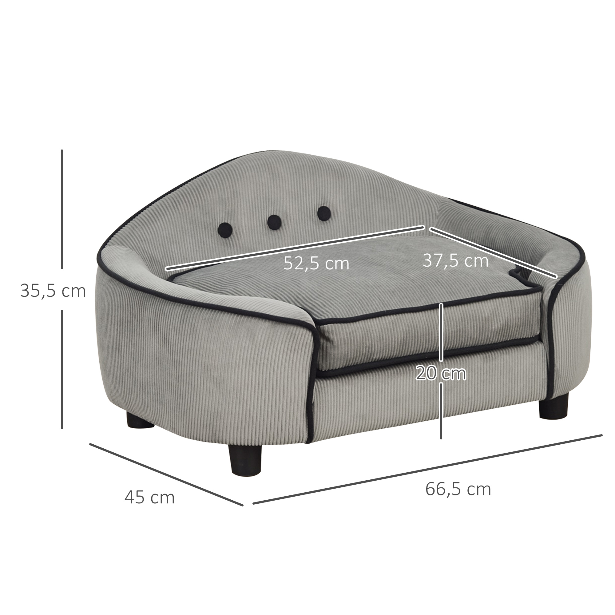Haustiersofa, Hundebett, Hundematte, Hundesofa, Naturholz+Plüsch, Grau, 66,5 x 45 x 35,5 cm