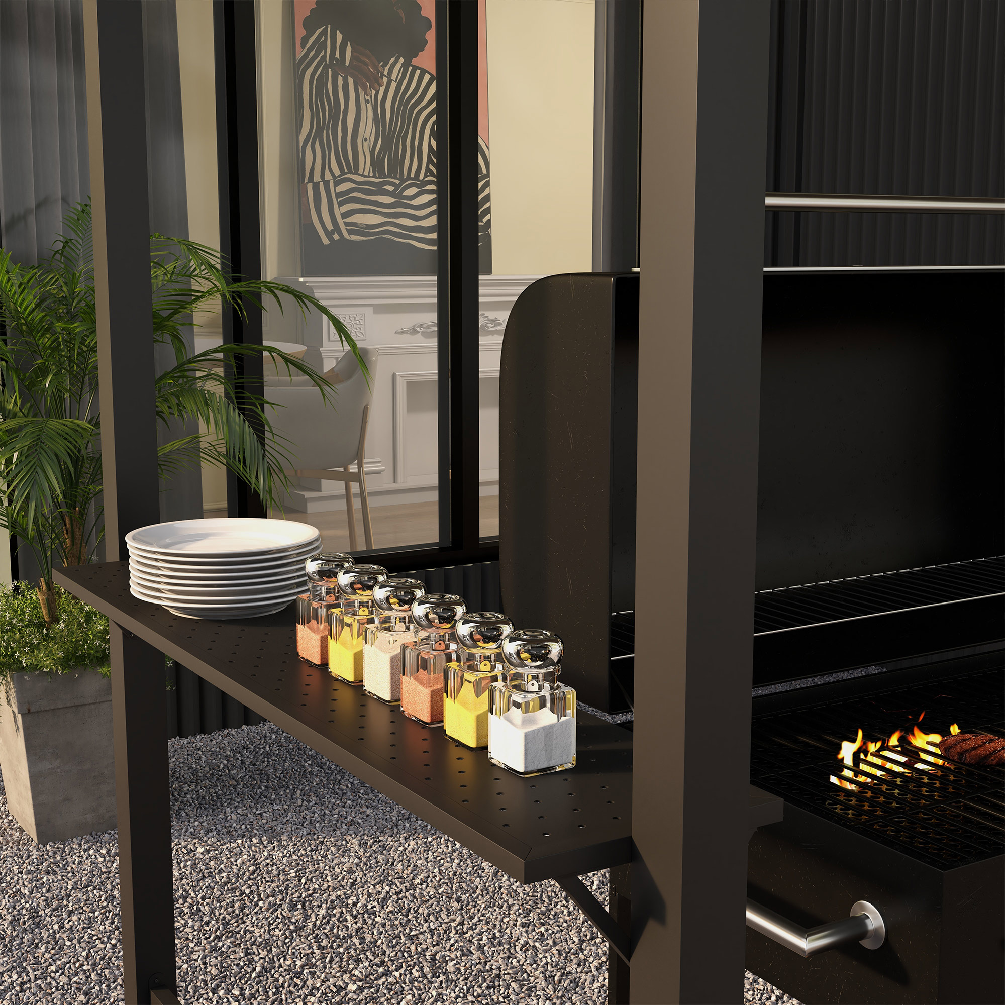 Grillpavillon, 2 Seitenablagen, Haken, Stahlrahmen, 1,1 x 2,3m, Khaki