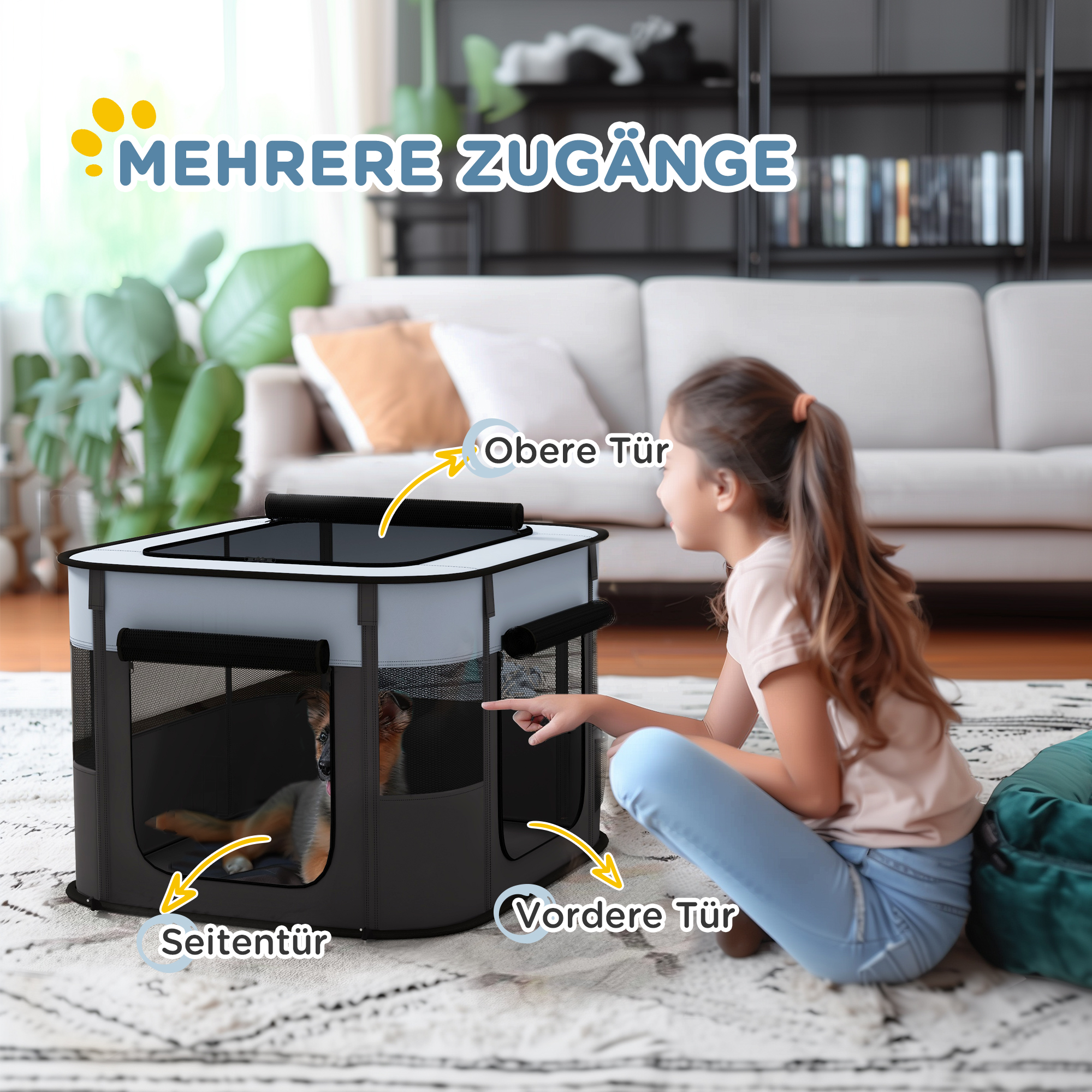 Spielgehege für Haustiere, faltbar, mit Aufbewahrungstasche, für Welpen und Kätzchen, drinnen und draußen, Grau