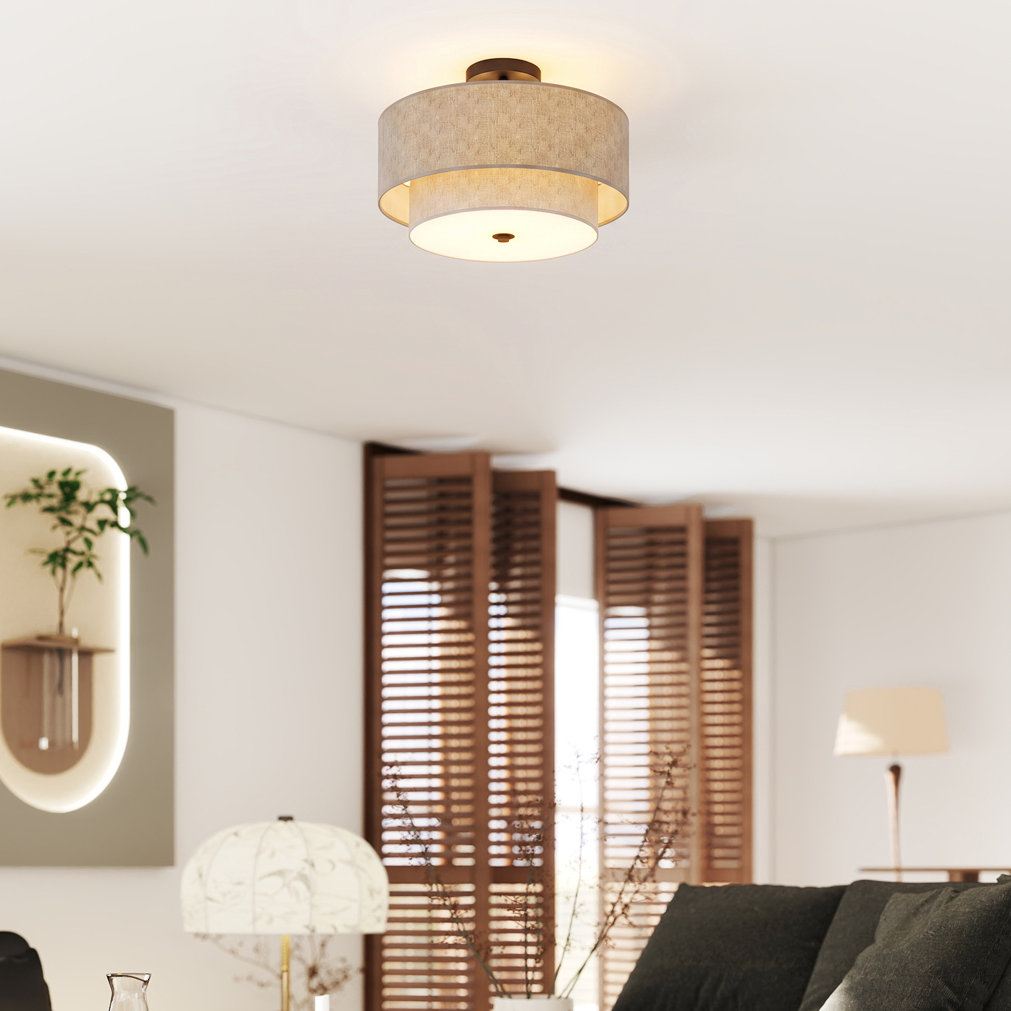 Deckenlampe, Hängeleuchte mit doppelten Schirmen in Leinenoptik, Taupe