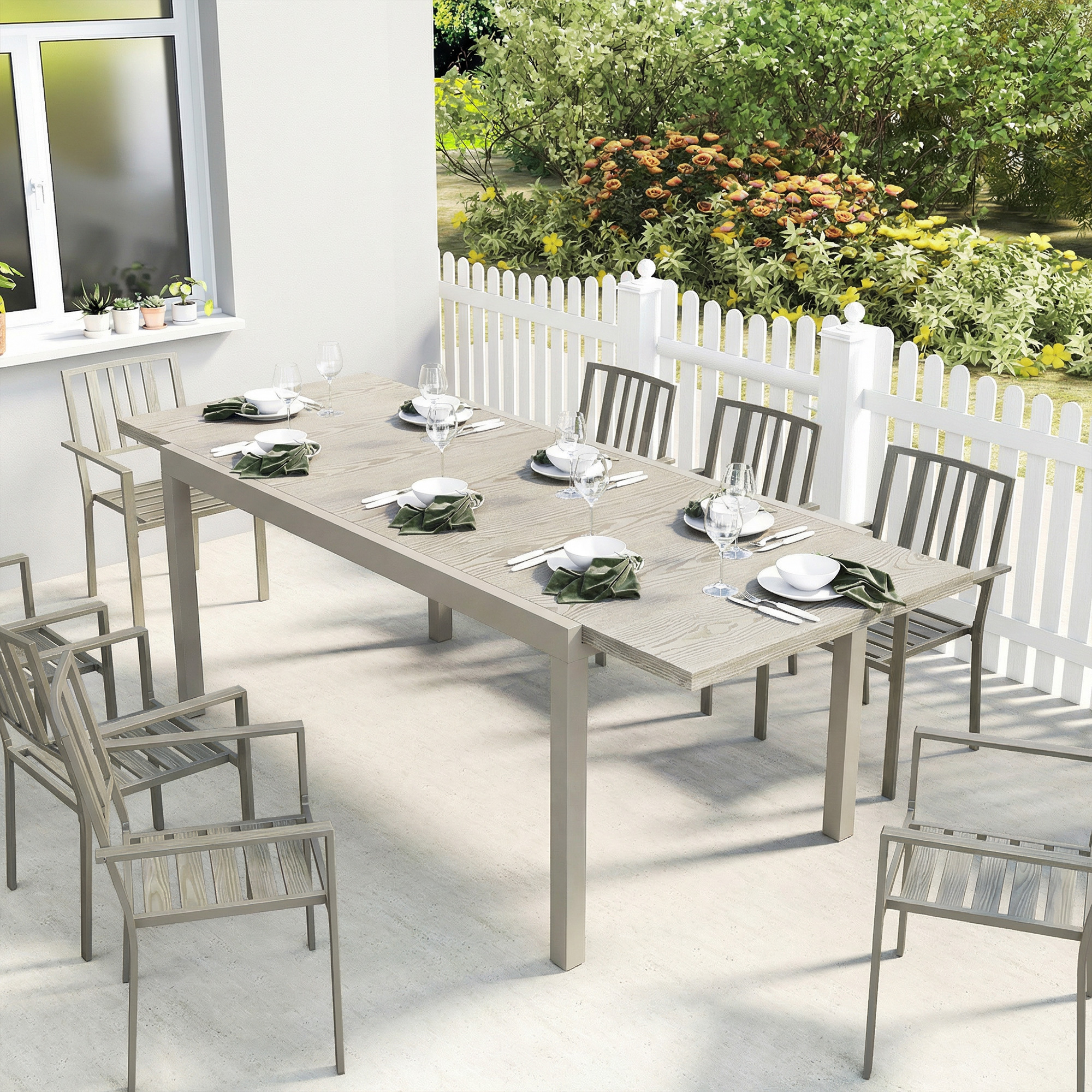 Gartentisch Ausziehbarer 154/214 x 85 cm Aluminium Esstisch für 8-10 Personen mit Holzoptik Hellgrau
