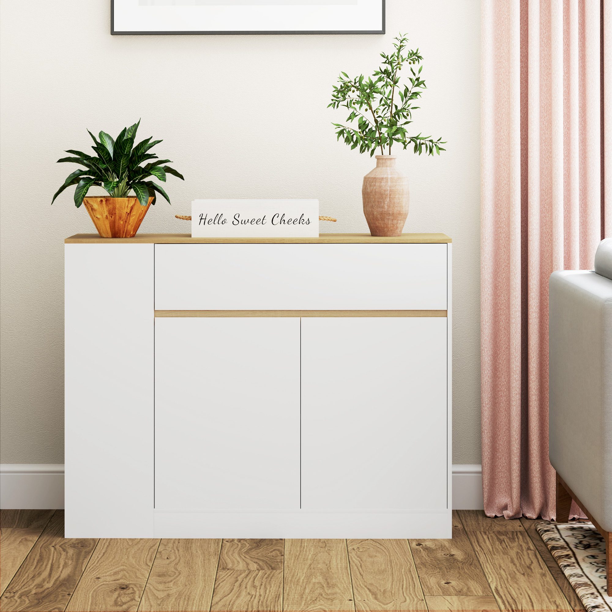 Sideboard, großes Schrankfach, 3 Ablagefächer, Schublade, 106 x 30 x 81,2cm, Weiß/Holz