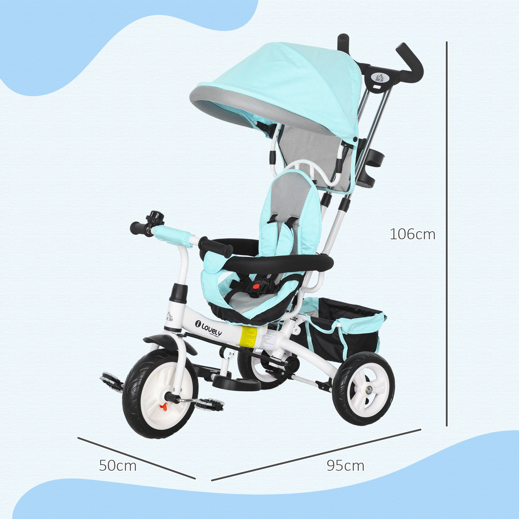 6-in-1 Kinderdreirad mit Schiebestange, Dach, Gurt, Ablagekorb, für 1-5 Jahre, Grün
