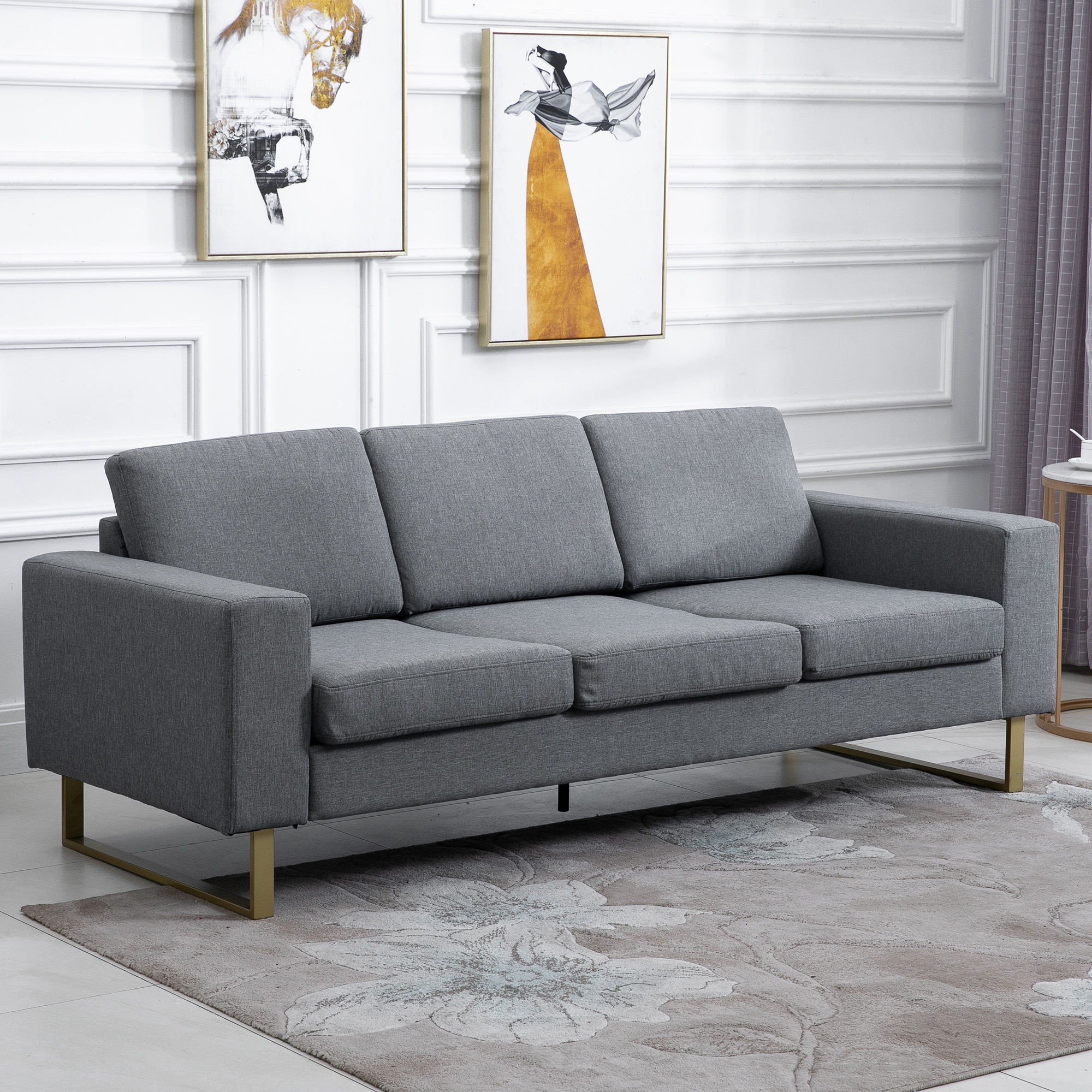 3 Sitzer Sofa Dreisitzer Stoffsofa mit Kissen Armlehne Leinenoptik für Schlafzimmer 200 x 82 x 78 cm Dunkelgrau