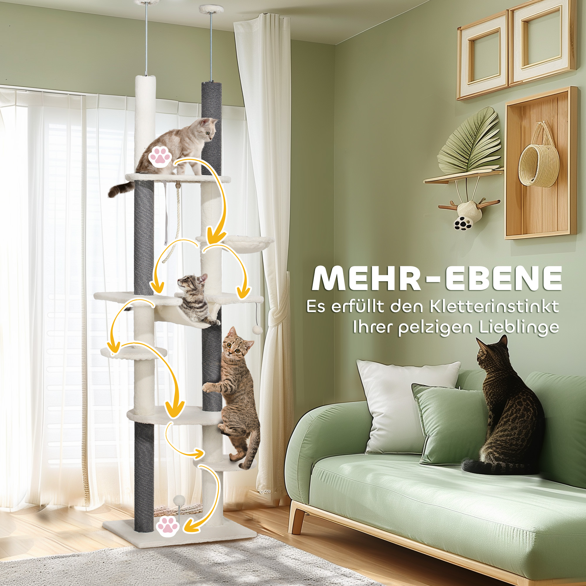 Kratzbaum, deckenhoch, verstellbar 225-255 cm, Plattformen & Hängematten, Kippschutz, Weiß