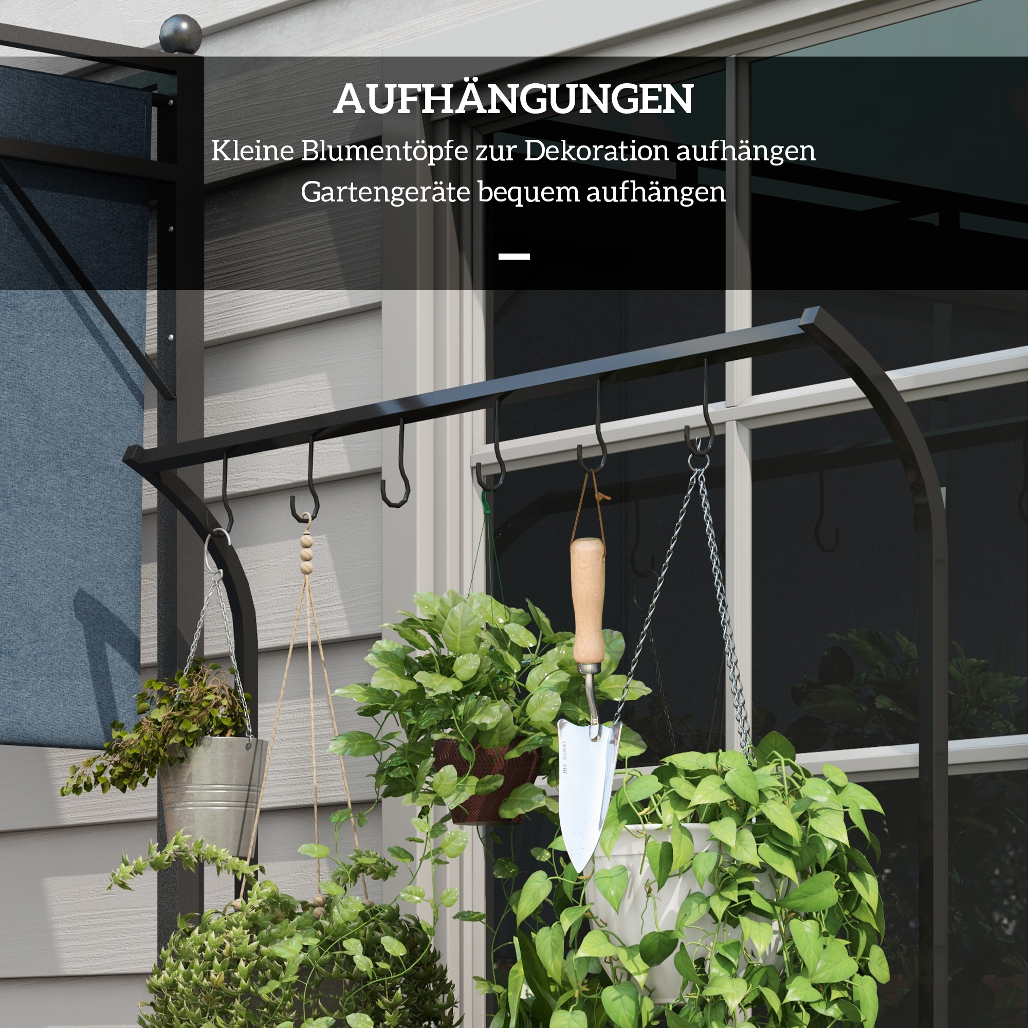 Blumenständer, 3 Etagen, 6 Haken, Indoor & Outdoor, Metallrahmen, 170H x 110L x 50B cm, Schwarz