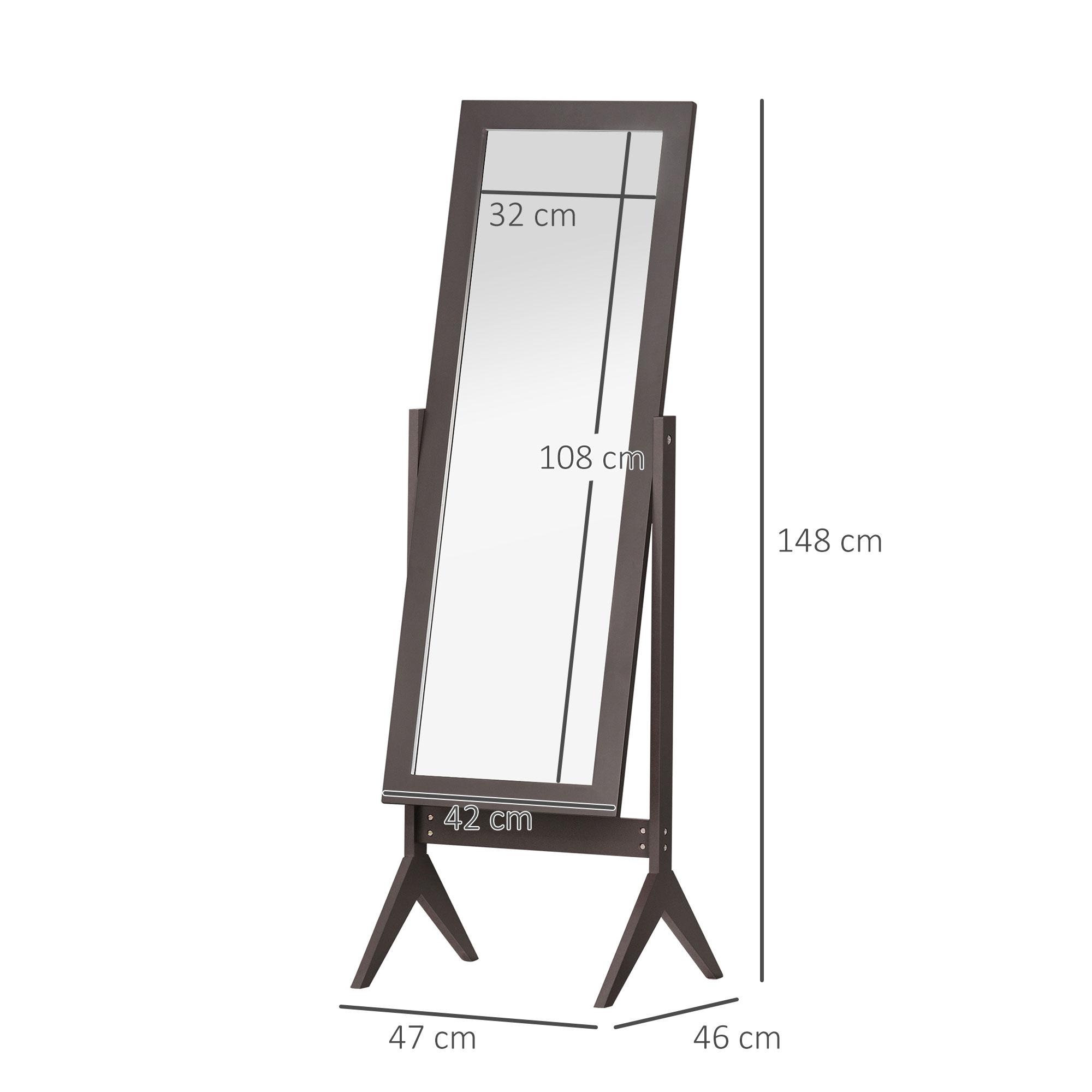 Standspiegel Ganzkörperspiegel Schminkspiegel erhöhte Füße Pflegeleicht MDF Kaffee 47 x 46 x 148 cm