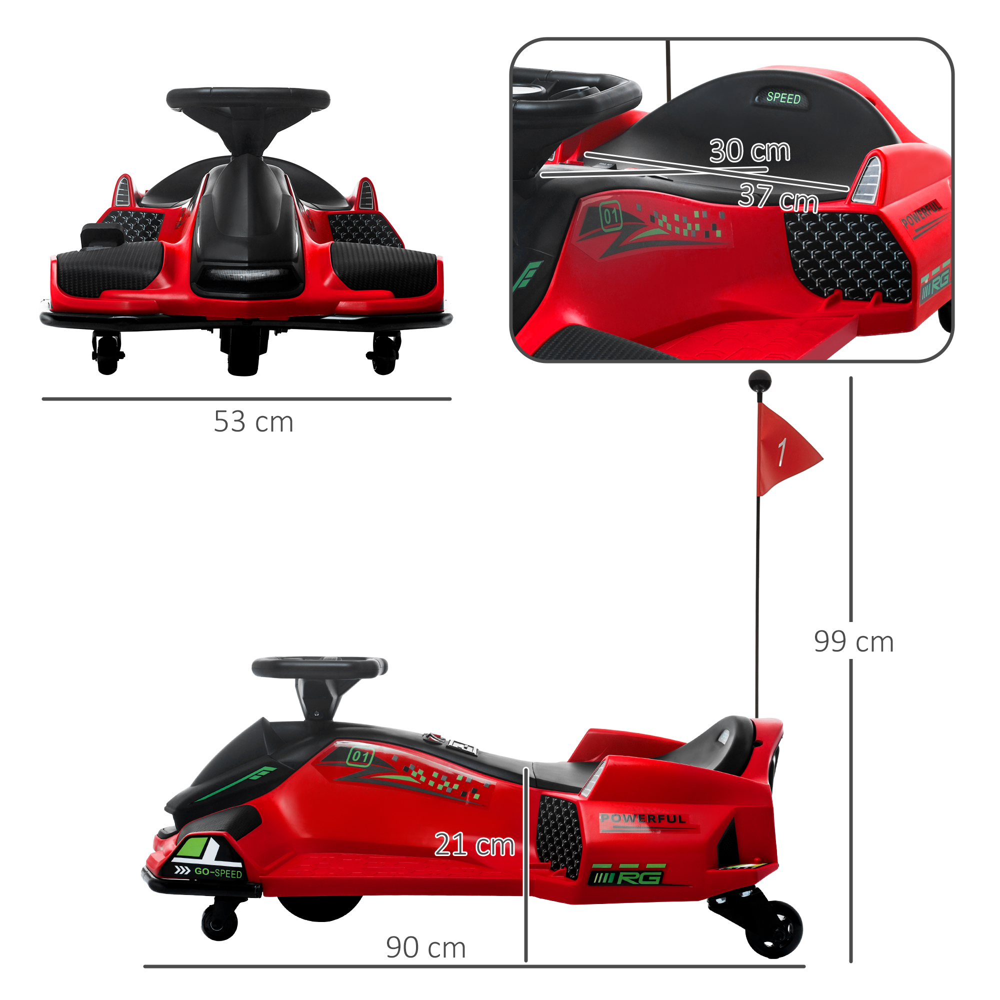 Elektrisches Go-Kart für Kinder, Gummiräder, 3-8 km/h, mit Lichtern und Musikfunktion, Rot