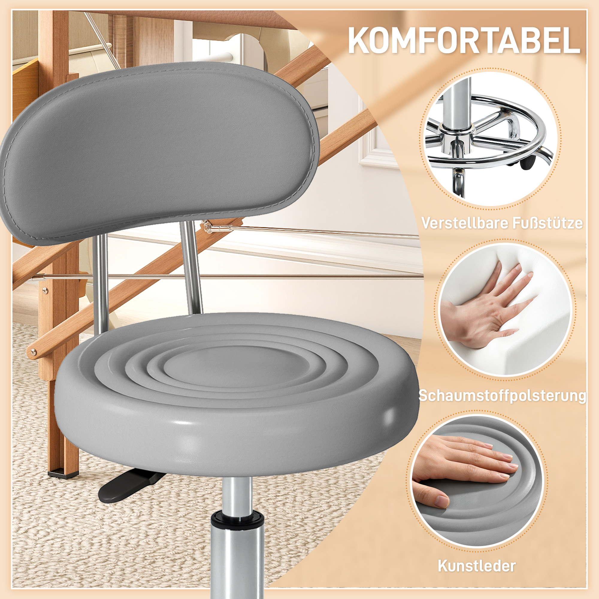 Rollhocker, Drehbarer und verstellbarer Hocker mit Rückenlehne, Kunstlederbezug, Fußstütze, für Frisiertische, Grau