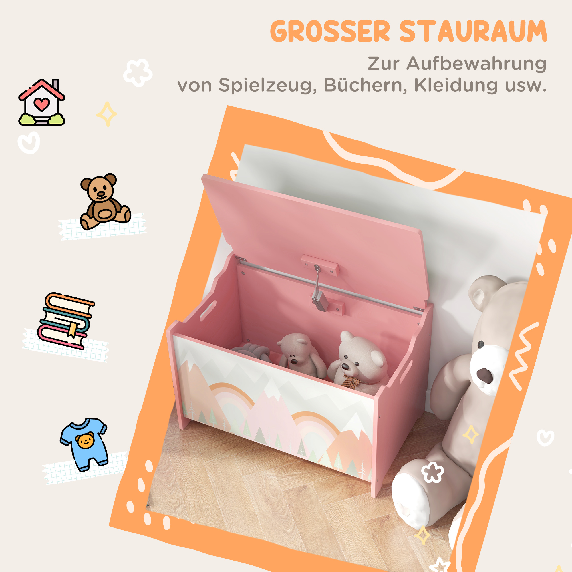 Aufbewahrungsbox mit Stauraum, Spielzeugkiste mit Deckel-Sicherheitsscharnier, niedlichem Tierdesign, 60 x 37 x 39 cm, Rosa