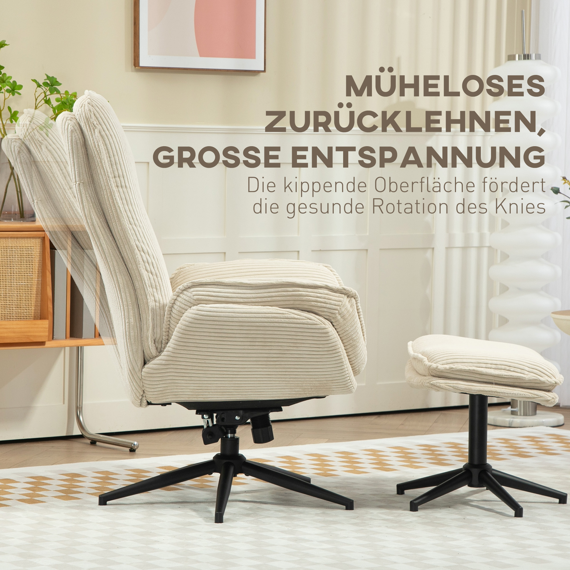 Drehbarer Polstersessel mit Fußhocker, Moderner Recliner-Sessel für Wohnzimmer, Schlafzimmer, Homeoffice, Beige