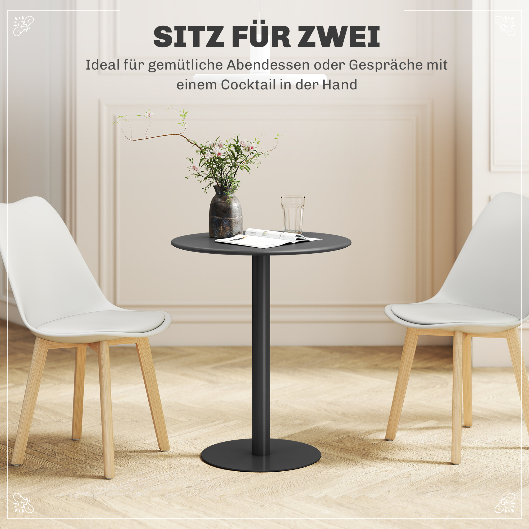 runder Esstisch für 2 Personen, Stahl, für drinnen und draußen, Schwarz