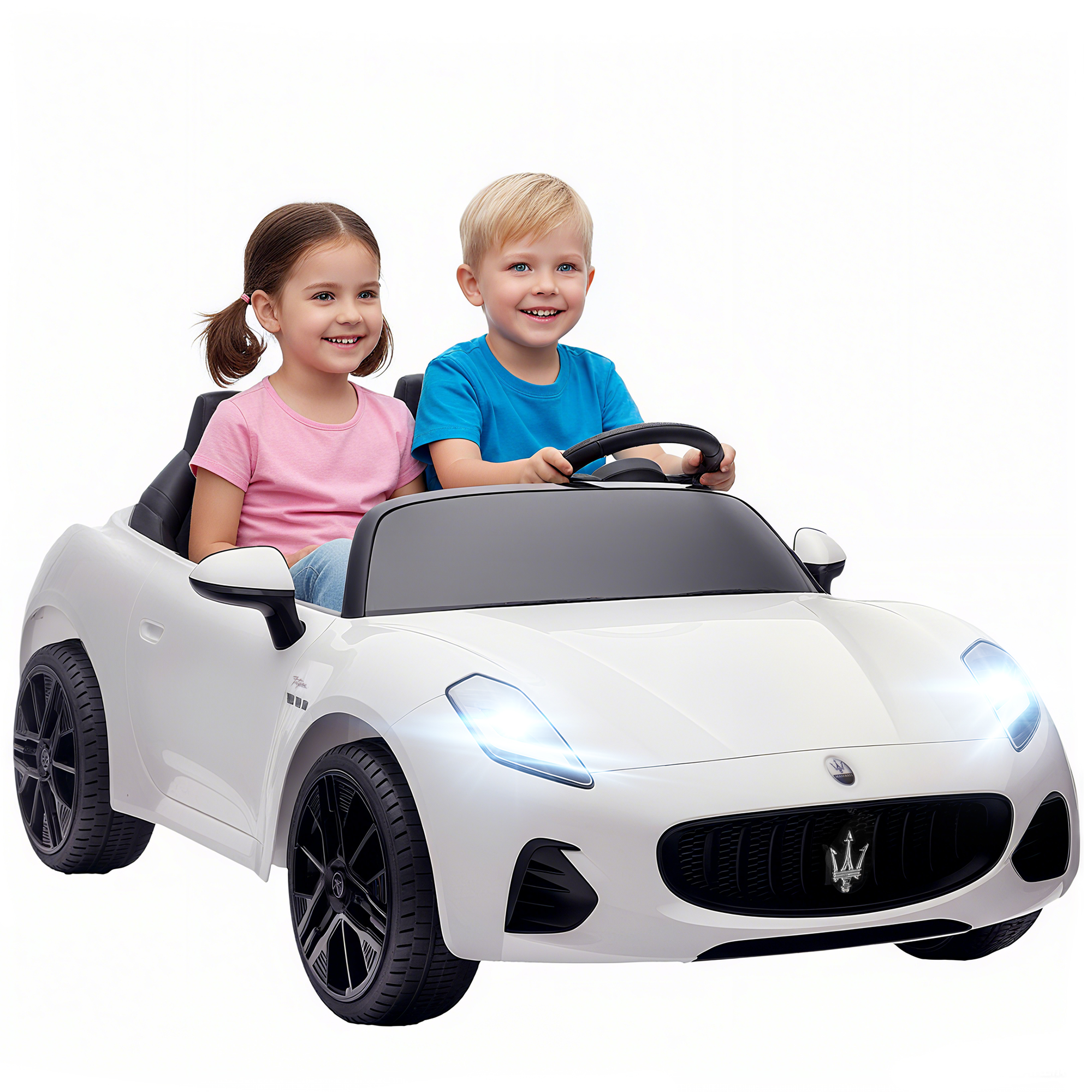 Maserati Elektroauto für Kinder, 2-Sitzer, 12V Batteriebetrieb, Fernbedienung, LED-Lichter, Musikfunktion, Weiß
