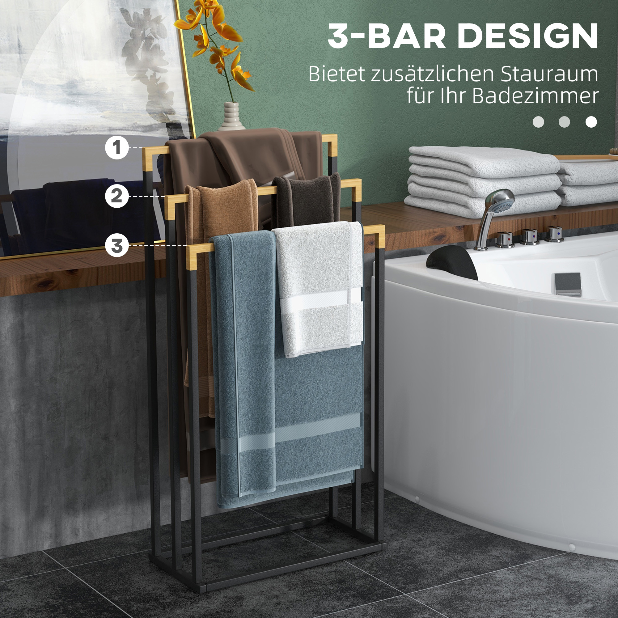 Handtuchhalter Handtuchalter-Set 3 Handtuchstangen, Industriedesign, Bambus, 45 x 22,5 x 86 cm, Schwarz + Natur
