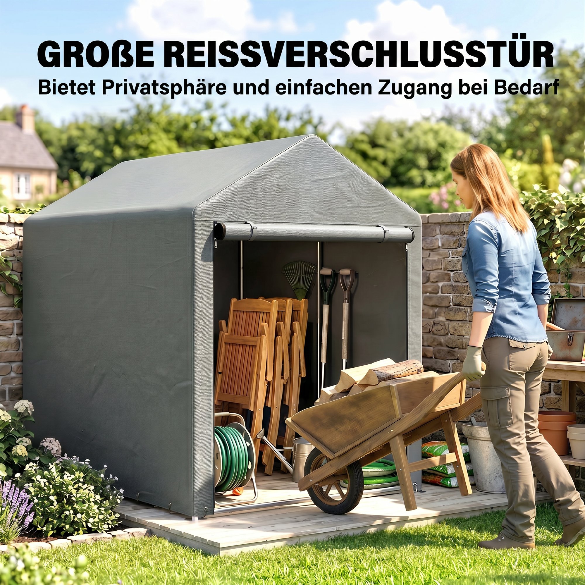 Gartenschuppen, Lagerzelt, robust & wetterfest, Stahlrahmen, 1,2x1,8x1,6m, Hellgrau