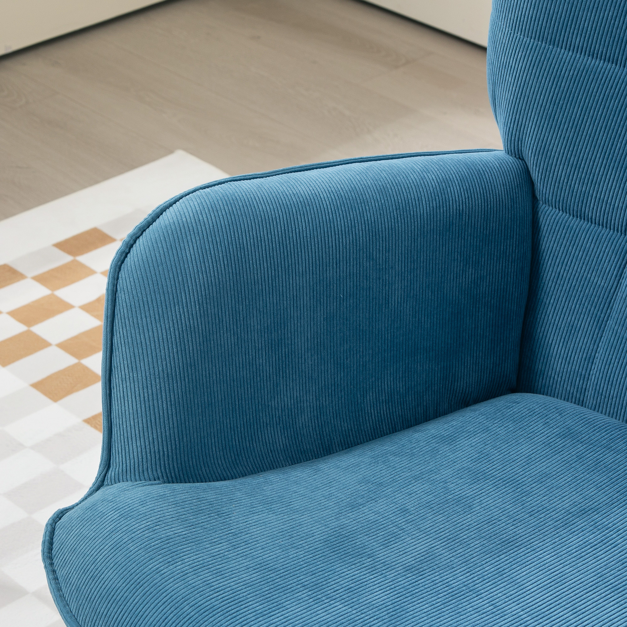 Akzentsessel mit Hocker, Relaxsessel in Cord-Optik, Armlehnstuhl mit Holzbeinen, für Wohnzimmer, Blau
