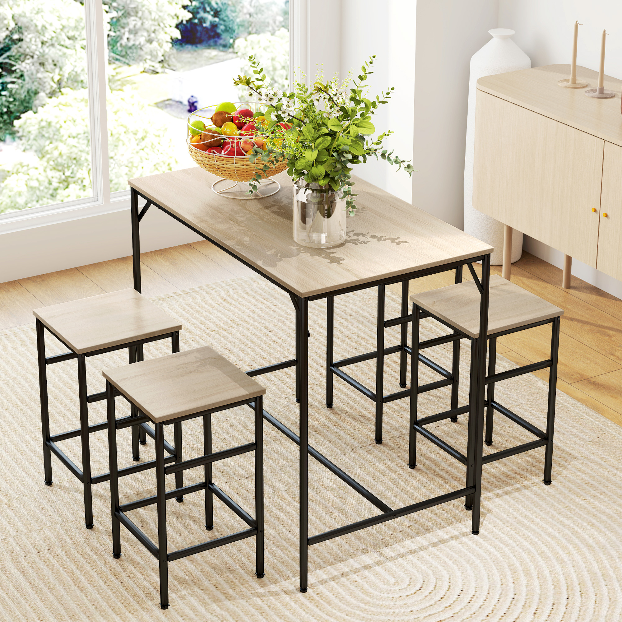 Bartisch-Set Stehtisch mit 4 Barhockern 5-teiliges Tischset Stahl Eiche