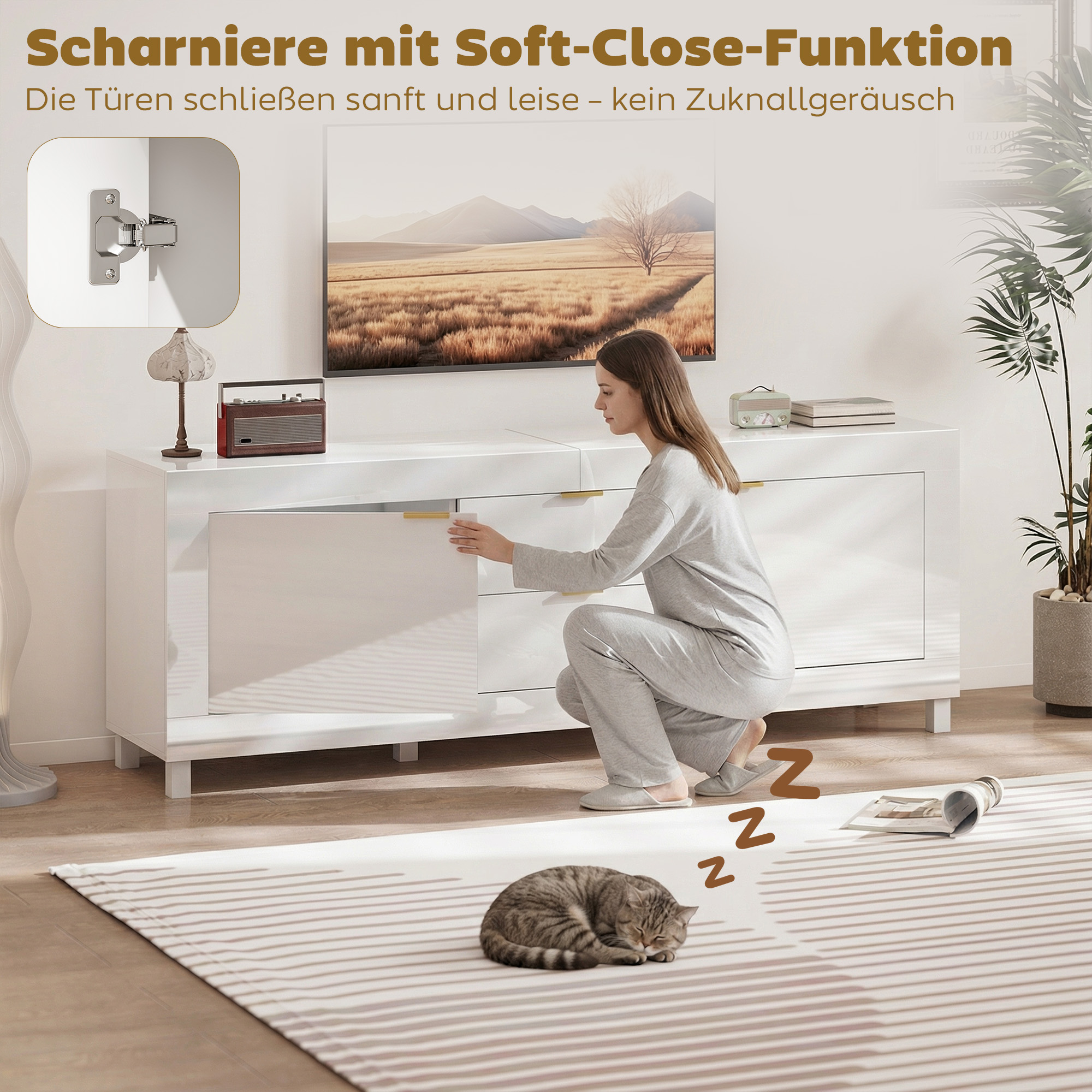 TV-Schrank für Fernseher bis zu 75 Zoll, modernes Entertainment-Center mit 2 Schränken und 2 Schubladen, Hochglanz Weiß
