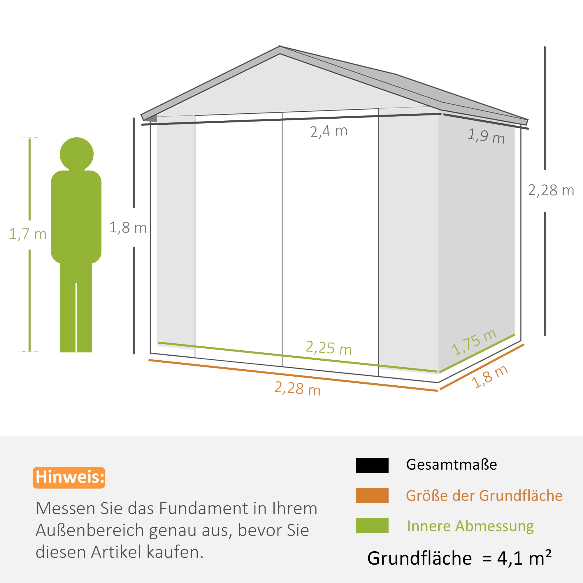 Gerätehaus, 4,1m², Gartenhaus mit Satteldach, 240 x 190 x 180/228 cm