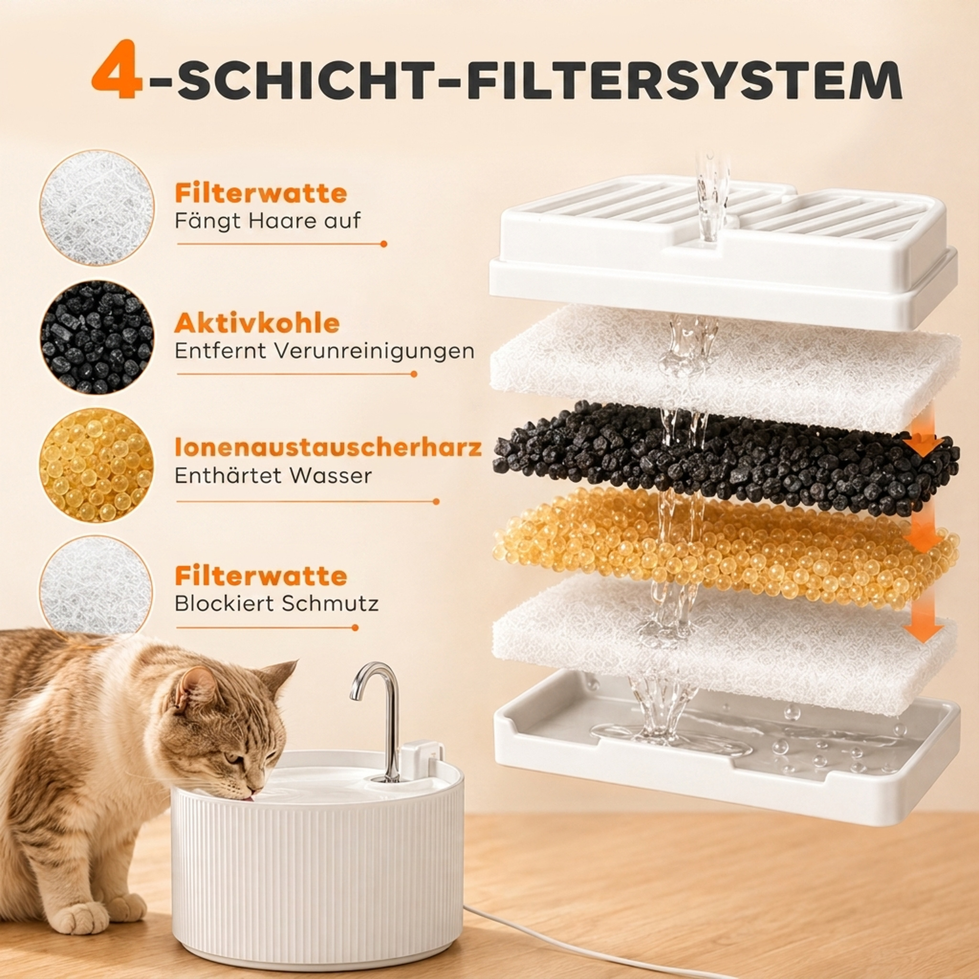 Katzenbrunnen 2,2L Keramik Trinkbrunnen mit 4-fach Filtersystem 2 Modi 1 Filter & Schaumstoff Ultraleise Pumpe, BPA-frei