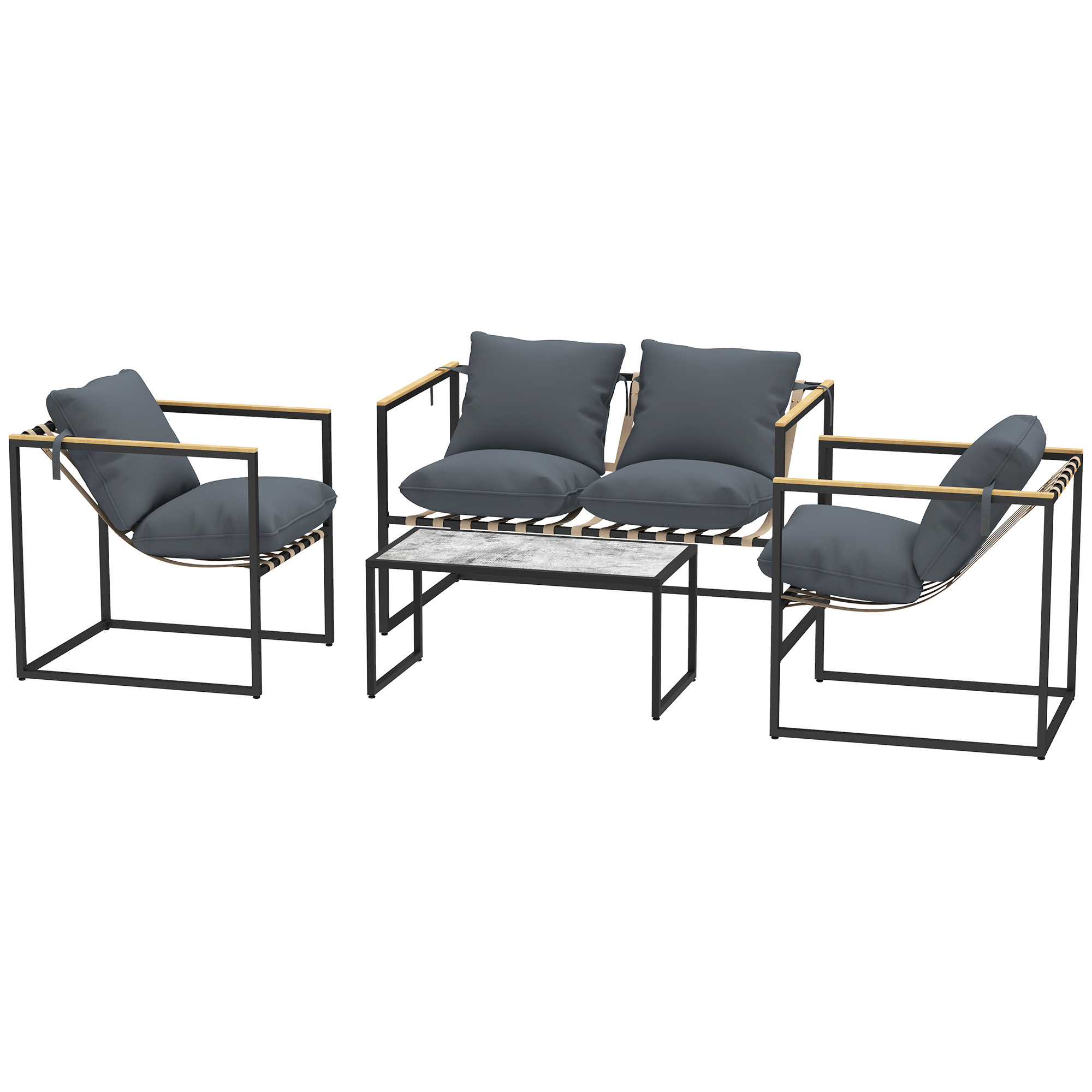 4-teiliges Gartenmöbelset, Outdoor-Möbel-Set, 2 Sessel, 2er Sofa, 1 Tisch, gepolstert, Stahl, Polyester, Grau