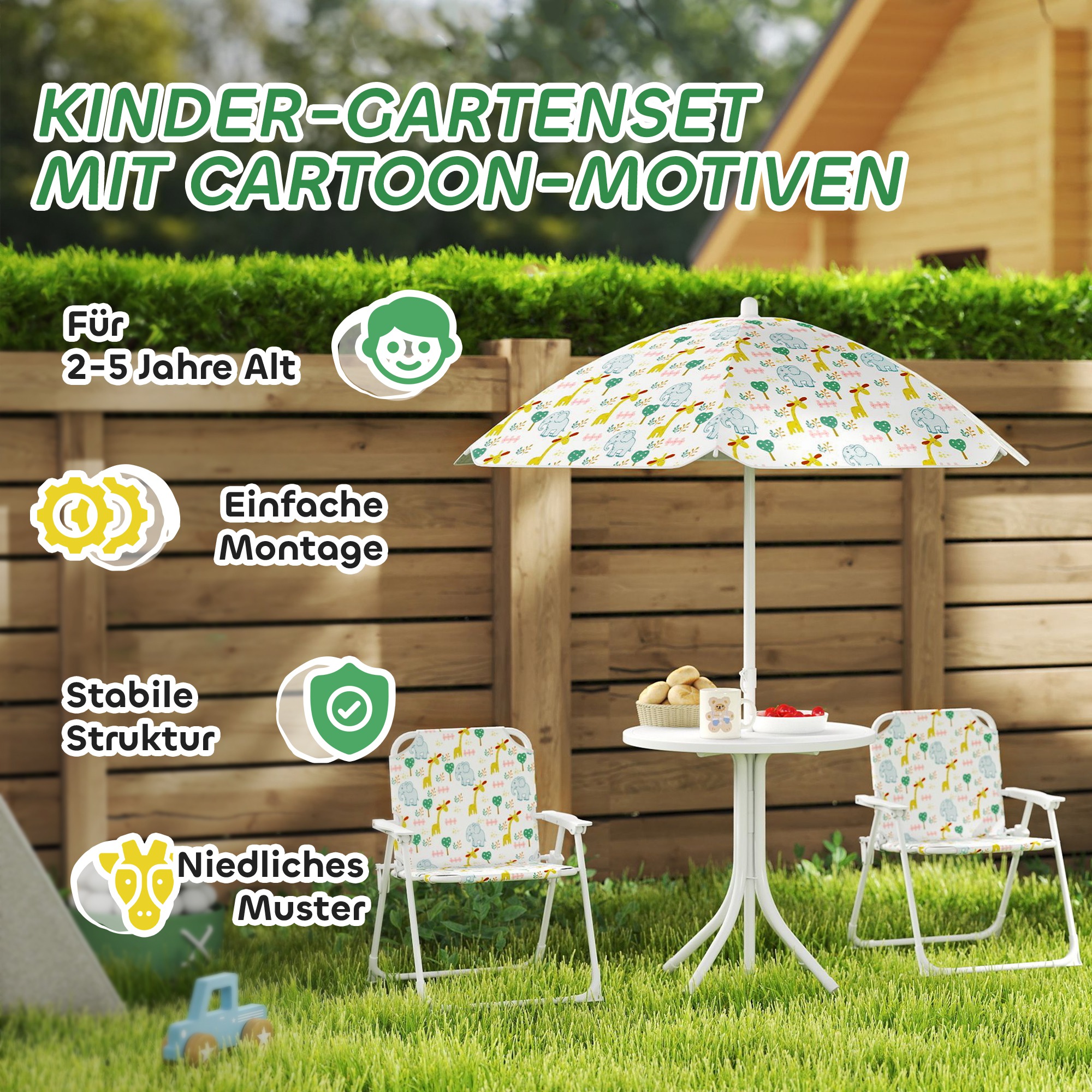 Kinder-Sitzecke, Klappstuhl-Sitz-Set mit Sonnenschirm, Buntes Muster, Weiß