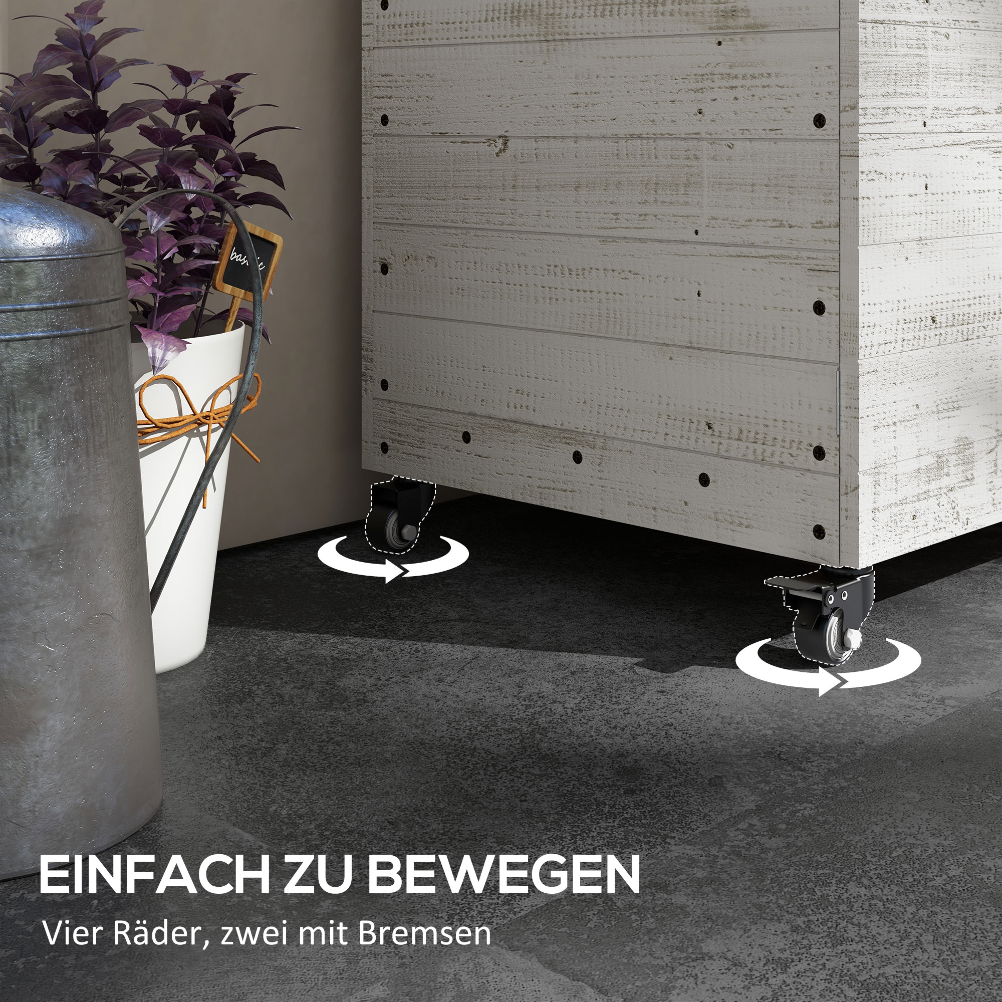 Hochbeet mit Rädern, Schrankfach, Innenauskleidung, Used Look, 110x50x95 cm, Weiß