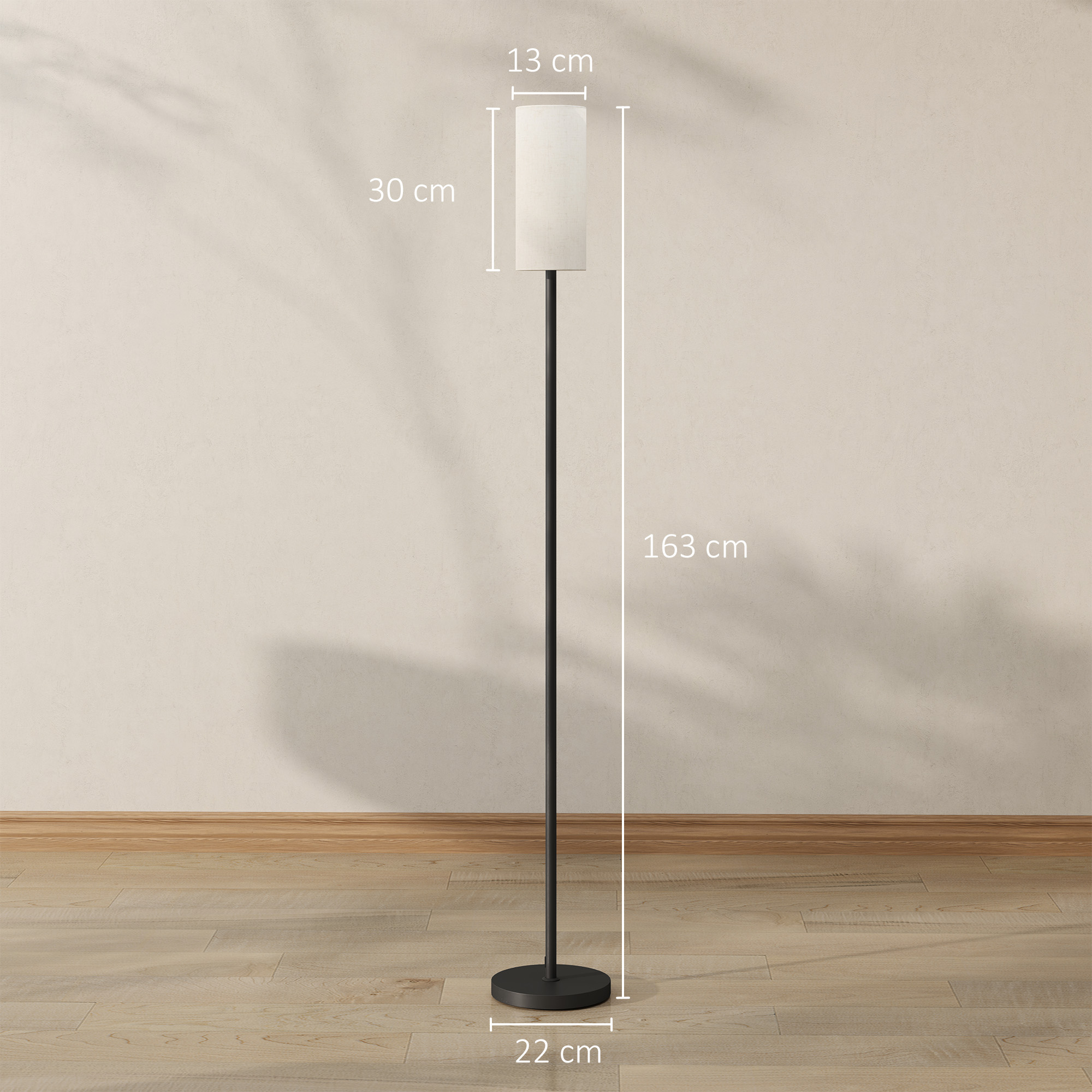 Stehlampe, Schirm in Leinenoptik, Metallstange, Fußschalter, Weiß