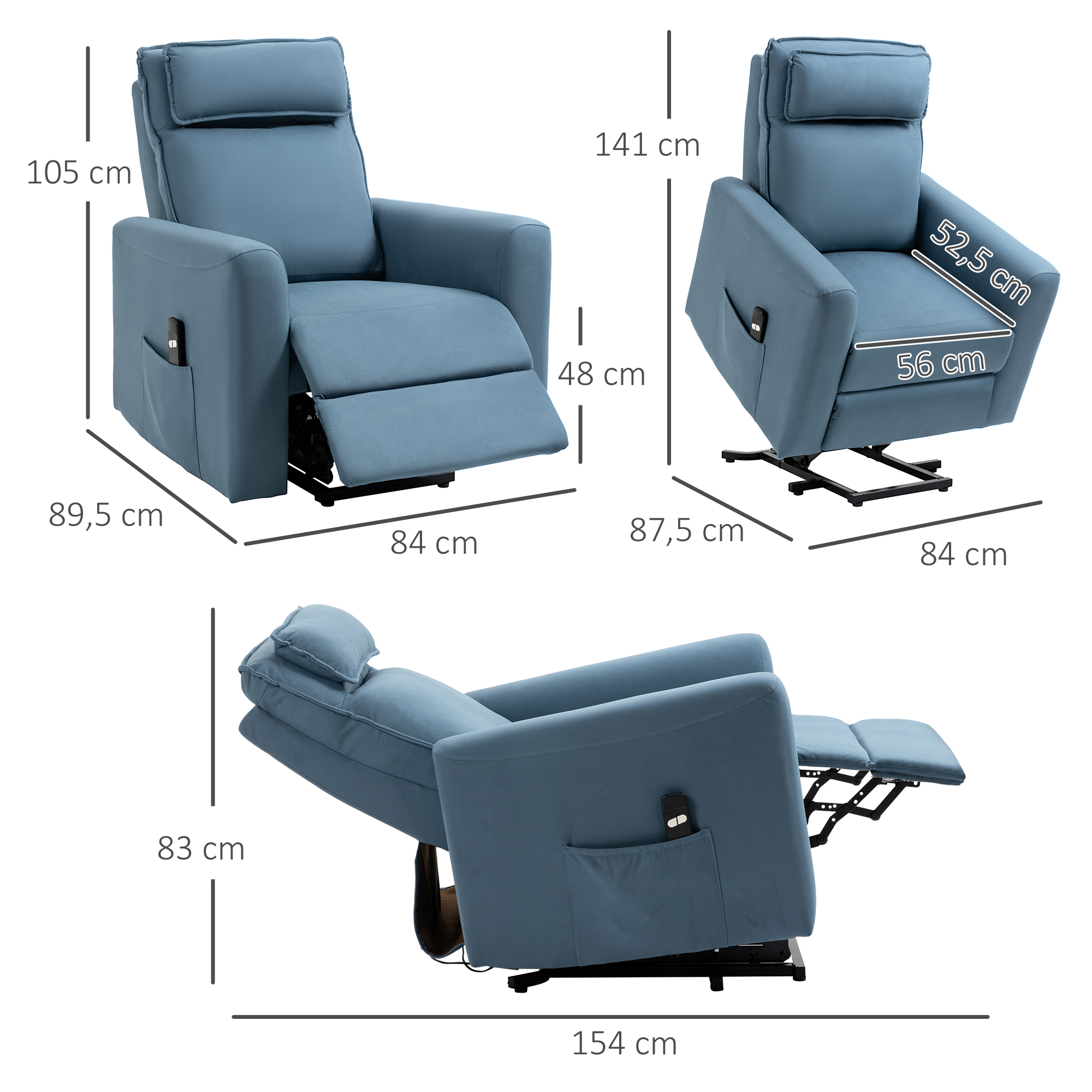 Aufstehhilfe Relaxsessel Fernsehsessel, integrierte Fußstütze, Seitentasche, Kabelfernbedienung, 84 x 89,5 x 105 cm,Blau