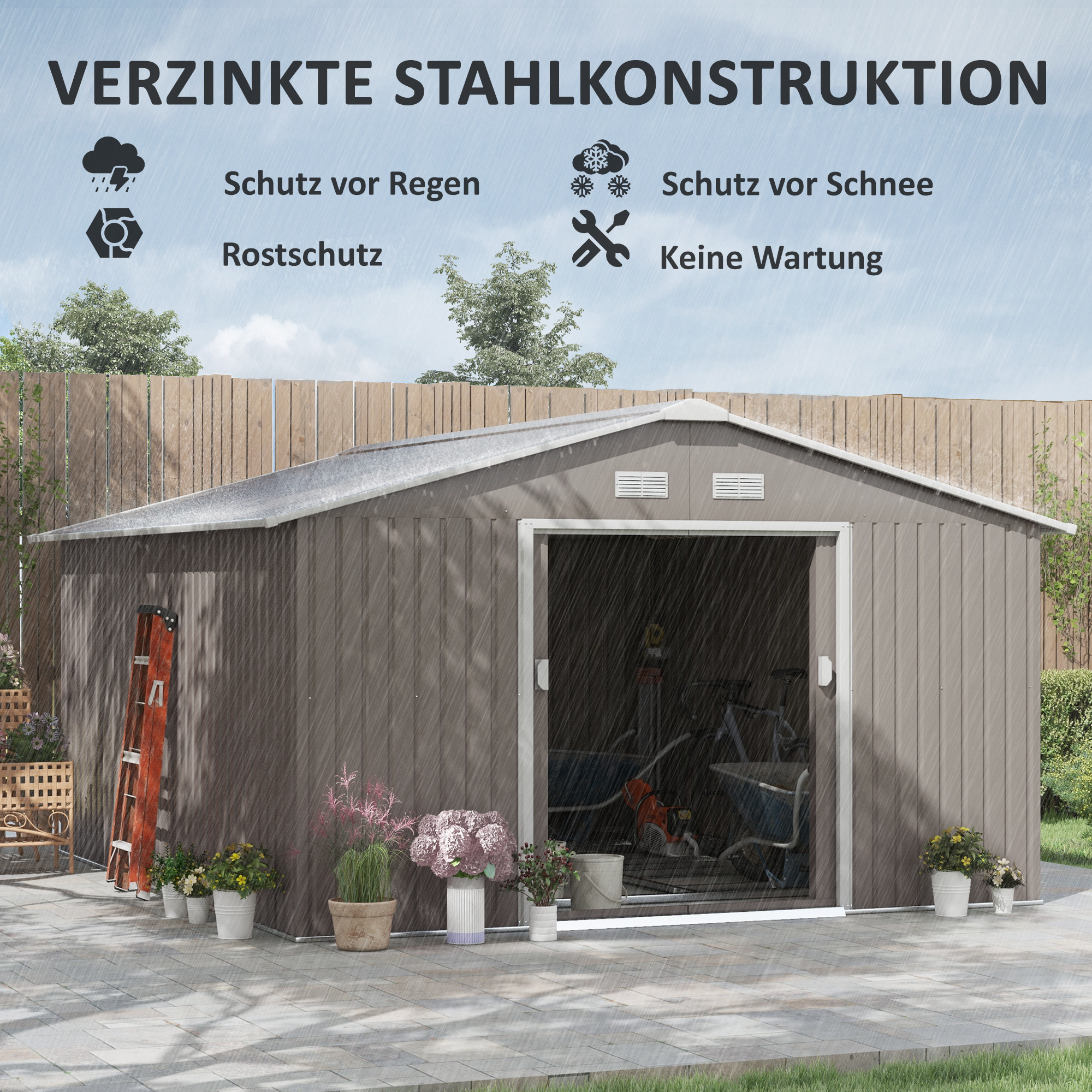 Geräteschuppen, Wetterfestes Gartenhaus für Gartengeräte, mit Belüftungsfenstern, Schiebetüren, Stahl, Hellgrau