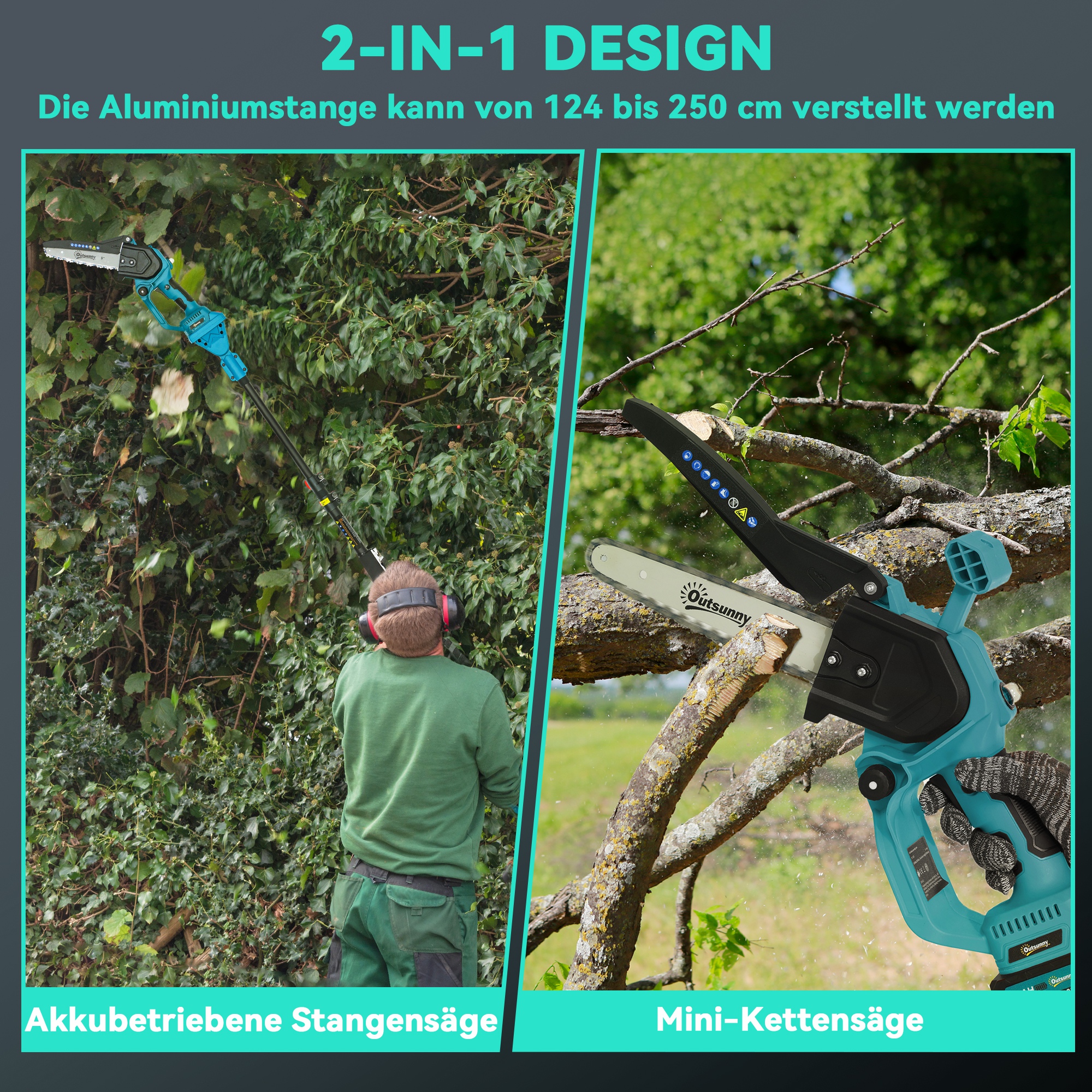 2-in-1 Mini Kettensäge 580W mit Akku 8000mAh Sicherheitsverriegelung 8 Zoll 42 x 29 x 10,5 cm Blau