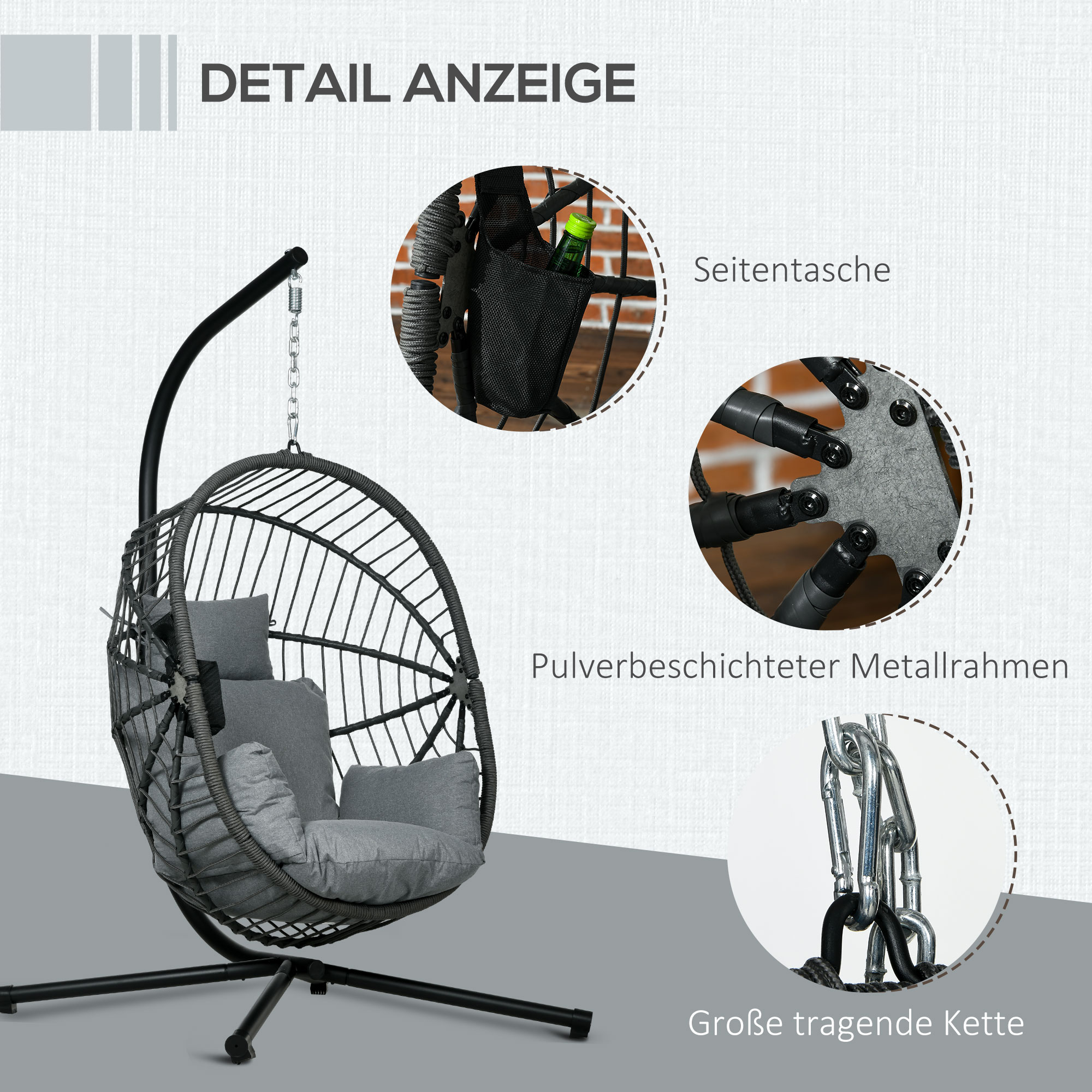 Outdoor Hängesessel Hängesessel, inkl. Polster, Egg-Chair, 120 cm x 106 cm x 188 cm,  Grau