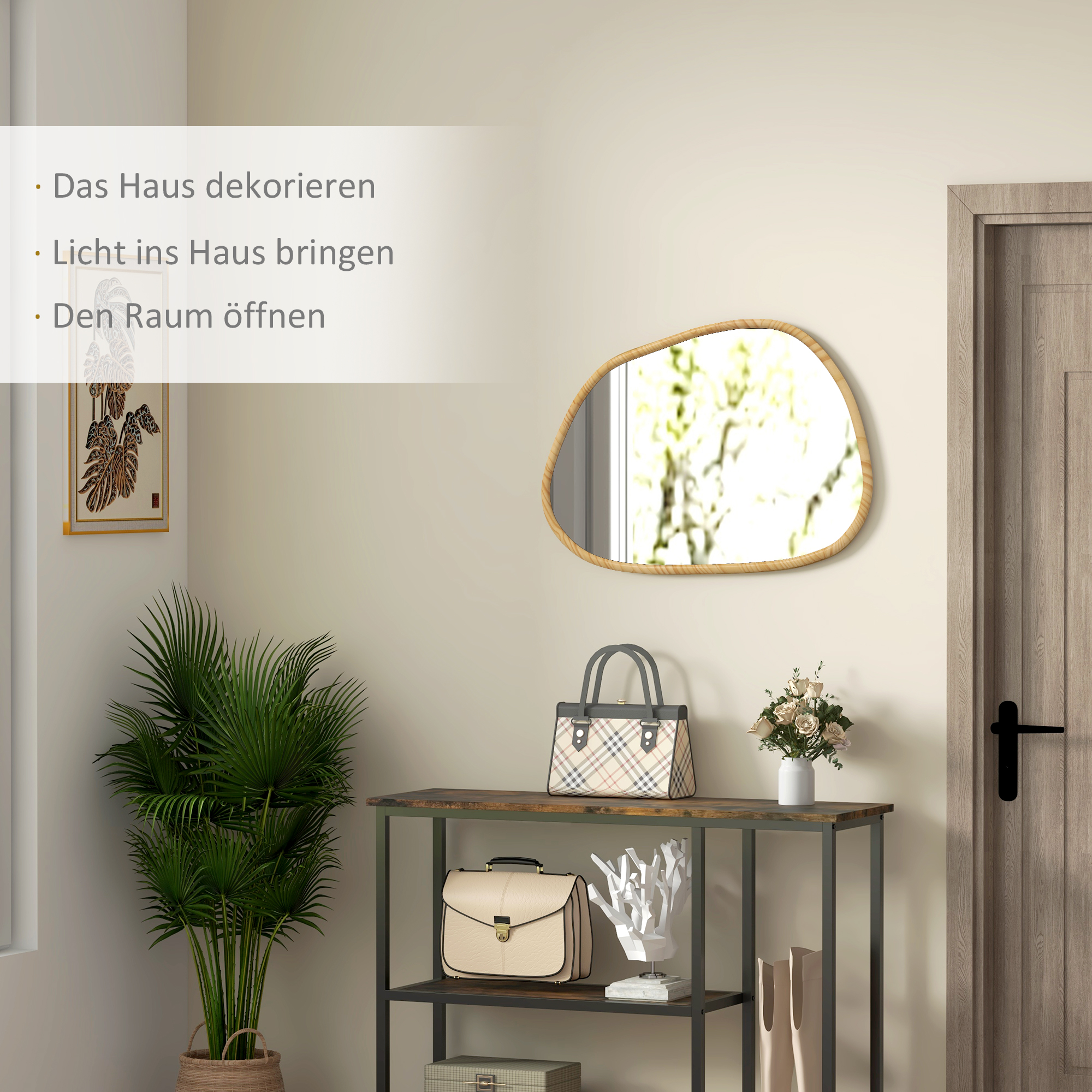 Wandspiegel Dekospiegel Spiegel, Vintage-Design, 80 cm x 2,1 cm x 60 cm, Massivholz, Natur