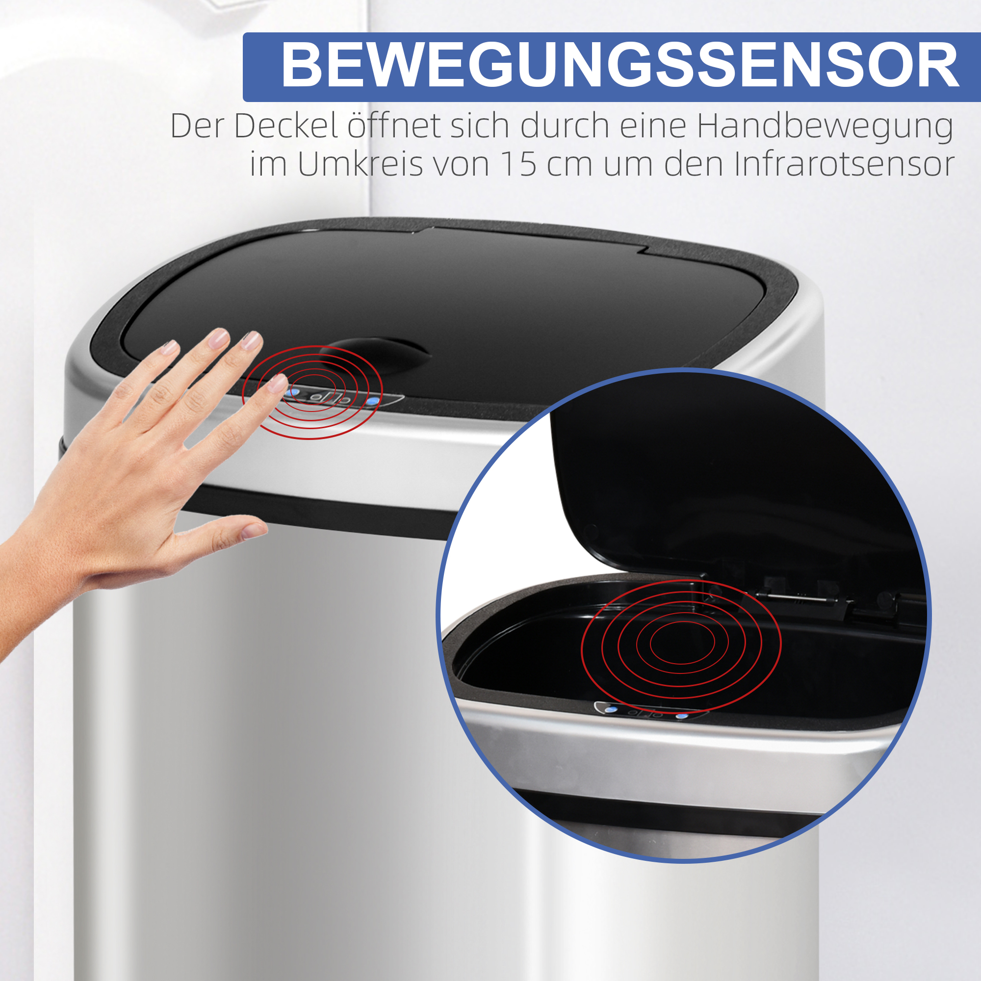 Mülleimer mit Sensor 48L Automatik Abfalleimer mit Bewegungssensor, Wasserdichter Abfallbehälter aus Edelstahl für Küche, Büro, Schlafzimmer Silber