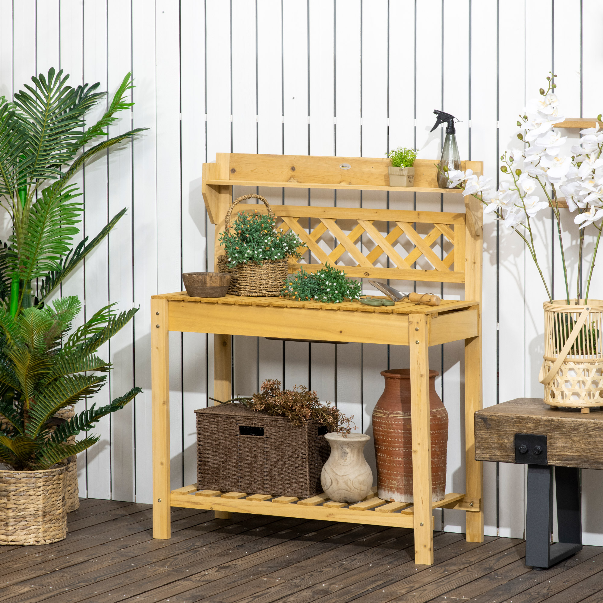 Garten-Arbeitstisch, integriertes Edelstahl-Spülbecken, 2 Ablagen, Massivholz, braun, 92 x 45 x 120 cm