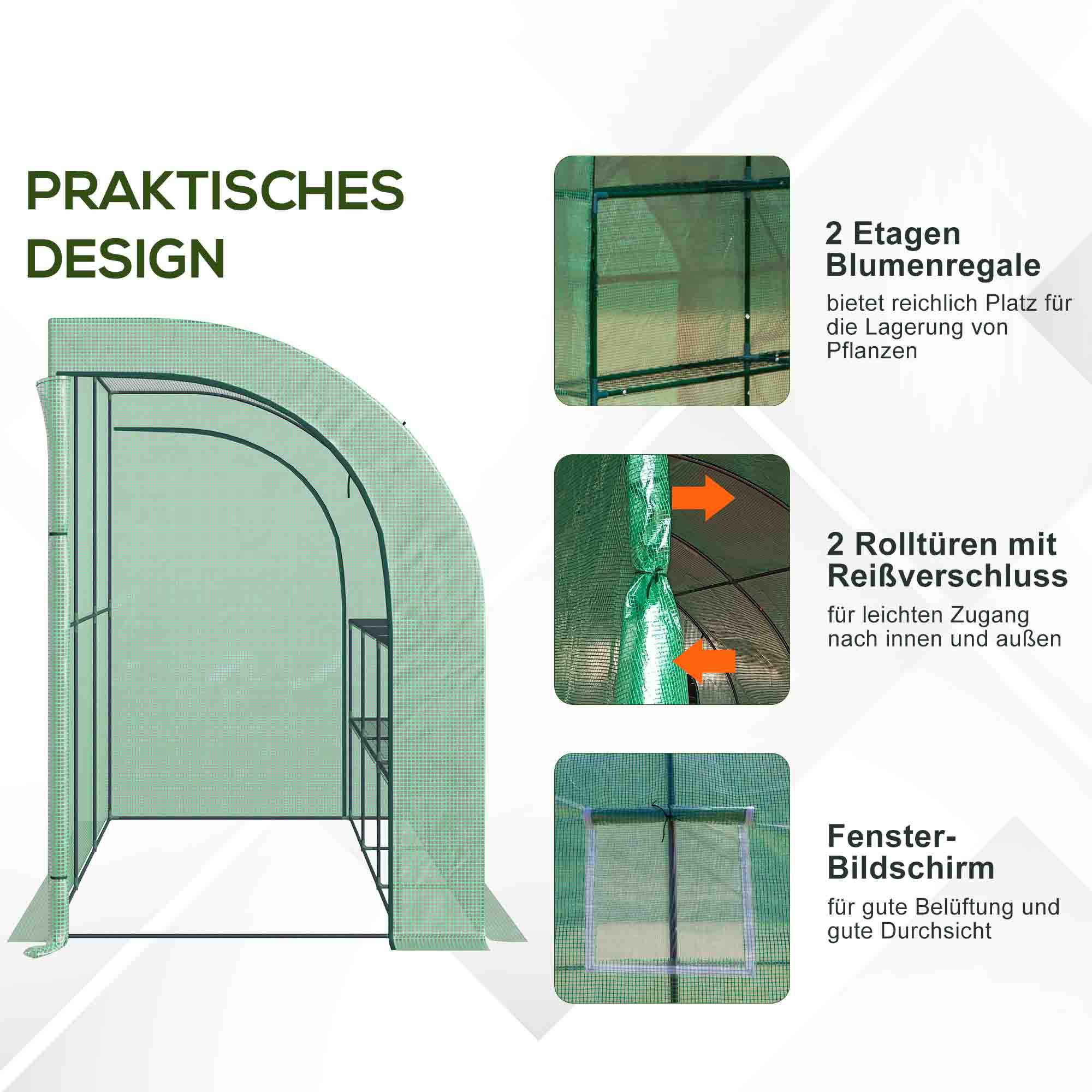 Gewächshaus, Gartengewächshaus mit Kunststoff-Abdeckung, UV-beständig, 3 Etagen, Reißverschlusstüren, Grün