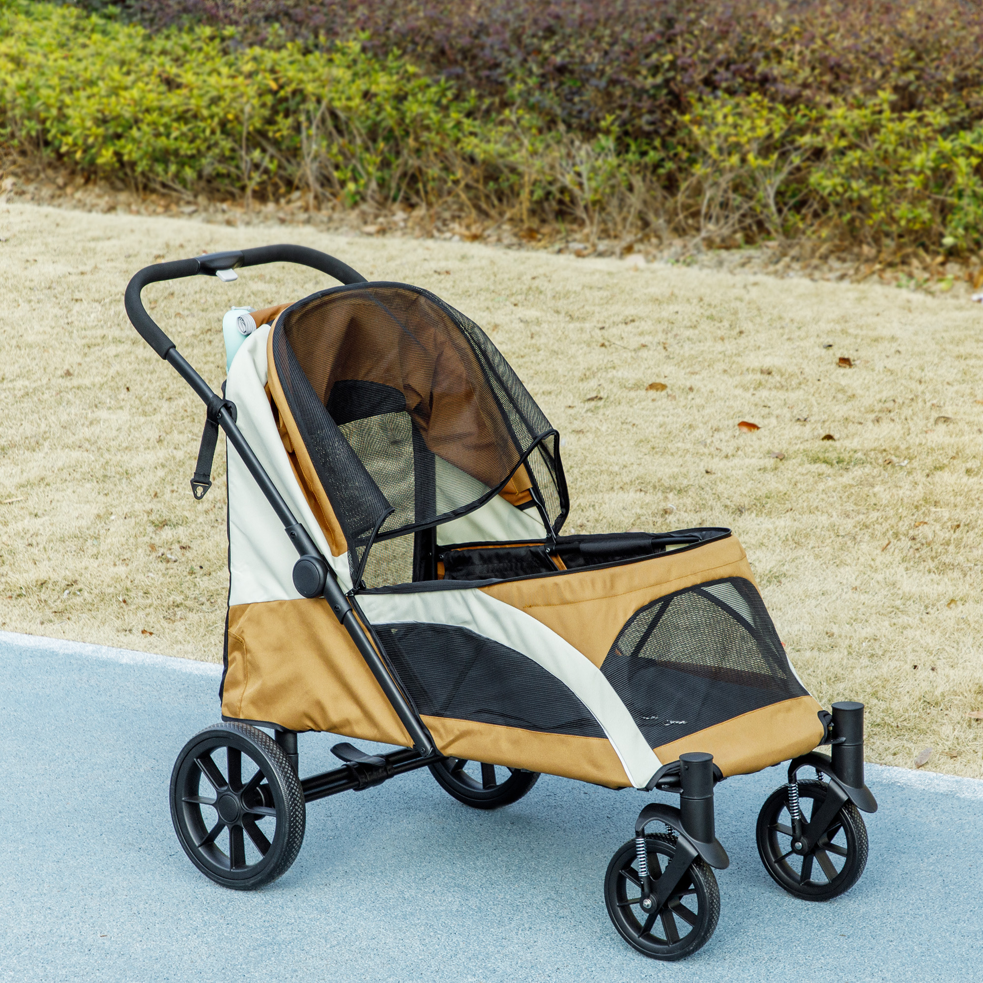 Hundewagen, Faltbarer Hundebuggy für große Hunde, Haustierwagen mit 4 Rädern, Sicherheitsleinen, Bremsen, Braun