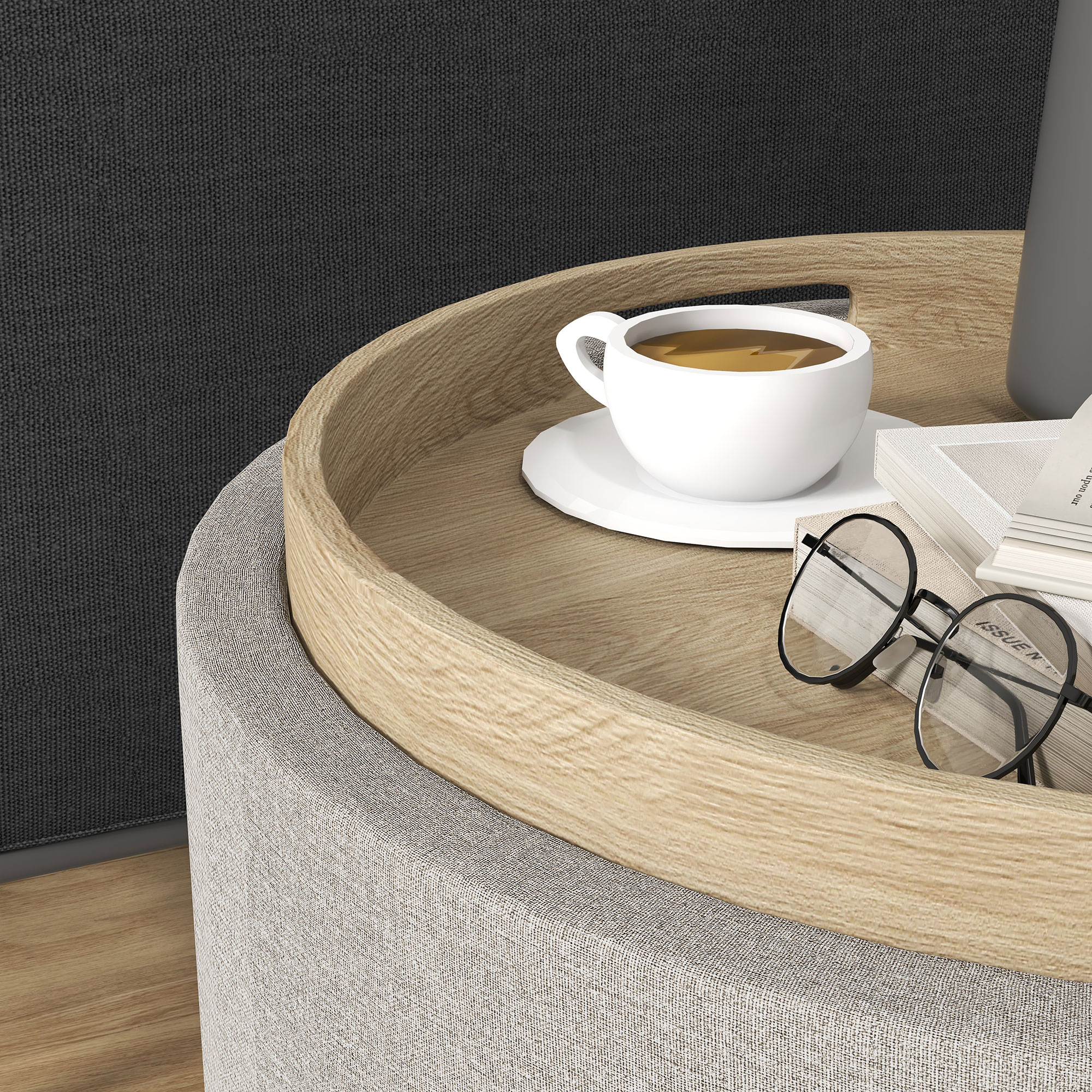 Hocker Polsterhocker, Leinen, versteckter Stauraum, umkehrbarer Deckel, 56cm x 56 cm x 42 cm, Hellgrau + Natur